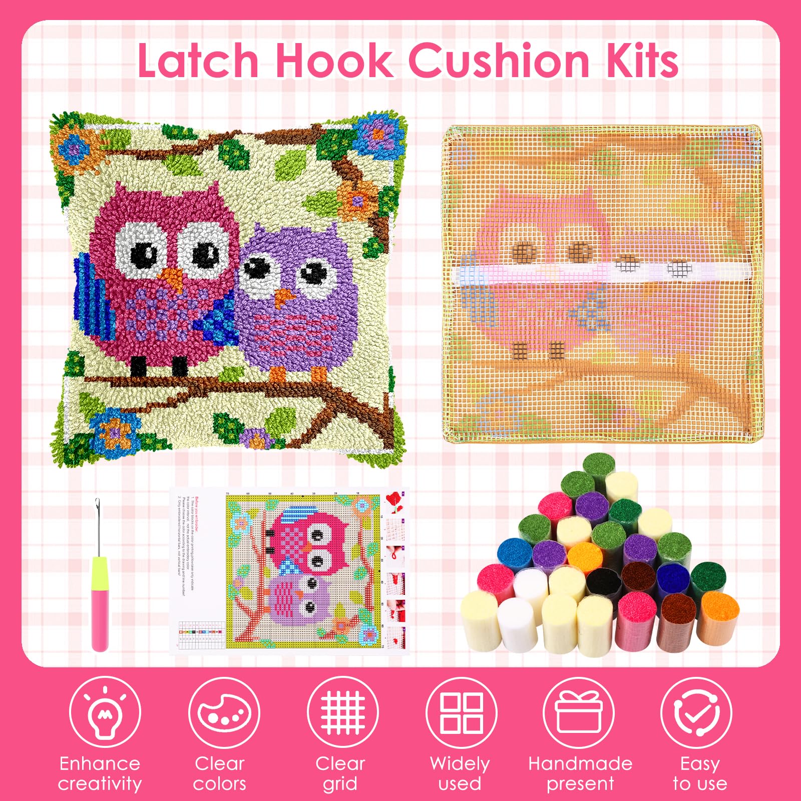 Kit di ganci per cuscini Latch Hook Set di cuscini per bambini o principianti adulti DIY Latch Hook fodera per cuscino tappeto kit di ricamo DIY tappeto annodato pacchetto per decorazione divano casa