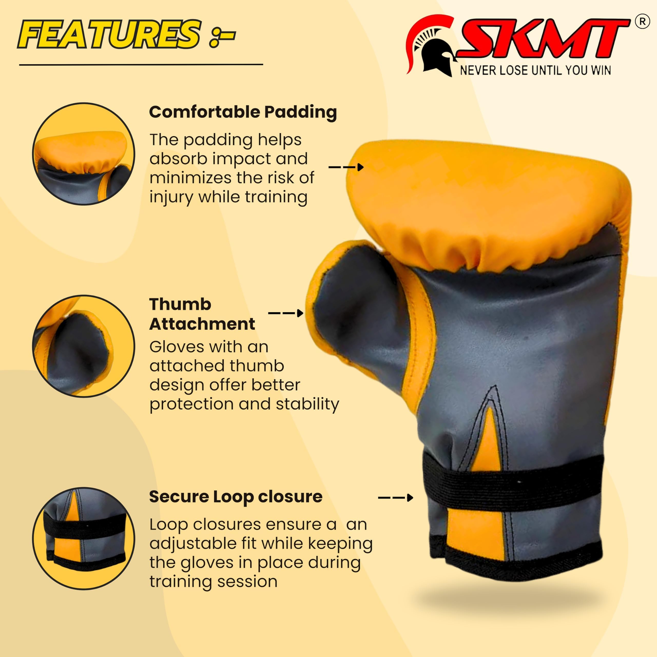 SKMT NEVER LOSE UNTIL YOU WIN Boxing Kit, Boxing Set for Kids, Boxing Kit for Children (Filled Punching Bag, Gloves and Headgear, Age 7-13 Years) (Yellow) 3