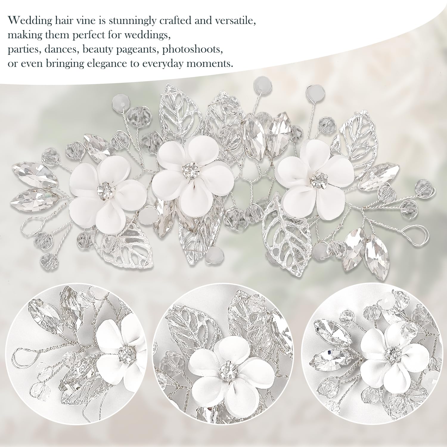 Bridal Wedding Hair Combs, Hair Vine with Flowers - Elegant Hairpiece for Women and Girls Wedding Accessories(Silver) - Image 3