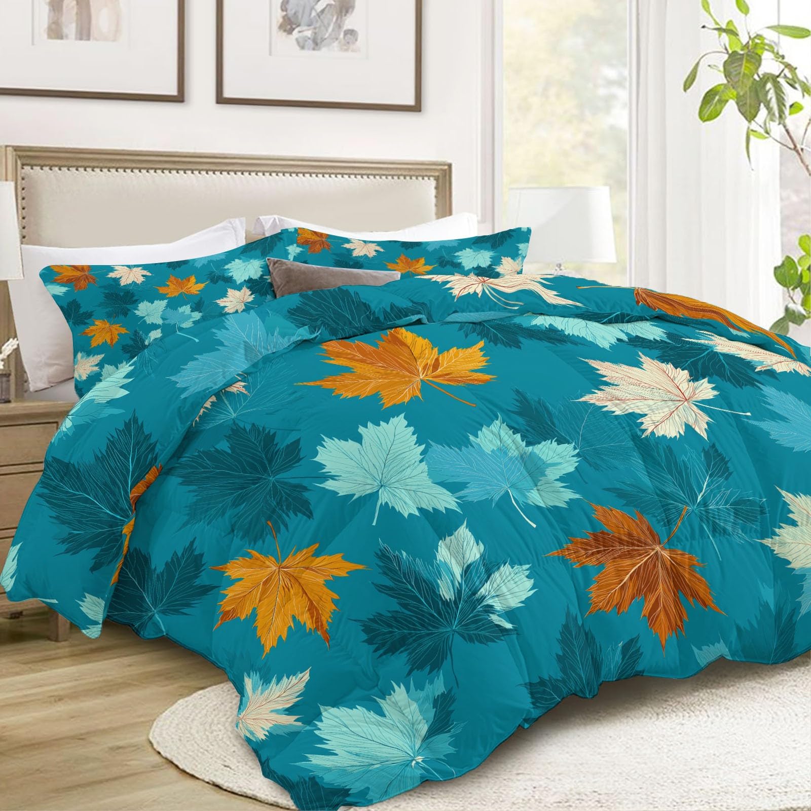 Trapunta Matrimoniale o Singola Stampa 3D 150x200 cm Foglie blu foglie d'acero Trapunta Set 3 Pezzi con 2 Federe, Piumone Letto 4 Stagioni Trapuntino Traspirante Morbida