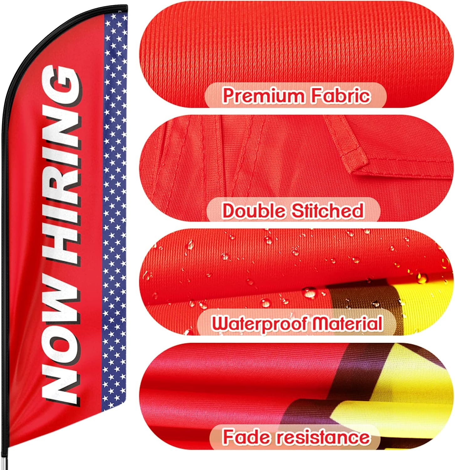 Now Hiring Feather Banner, Advertising Swooper Flag Pole Kit and Ground Stake, Business Signs 11 Feet (Red)