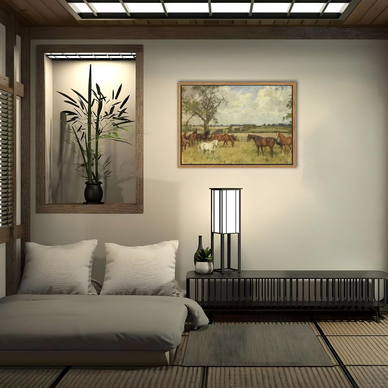 SAMHOU Floating Framed Canvas Wall Art, Vintage Nature landscape Picture Wall Decor, Majestic Brown Horse in The Countryside Poster Prints for Living Room Bathroom Bedroom Rustic Decor 12x16 inch