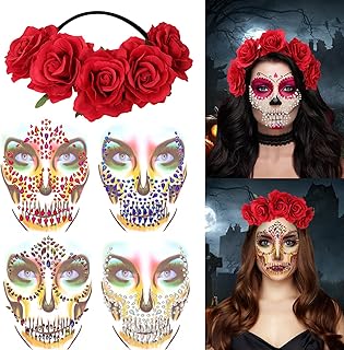 HOWAF Day of The Dead Costumes Women, Day of The Dead Headpiece Rose Floral Crown Garland Halloween Floral Headband with 4pcs Face Gems Day of The Dead Face Tattoo for Day Of The Dead Decorations