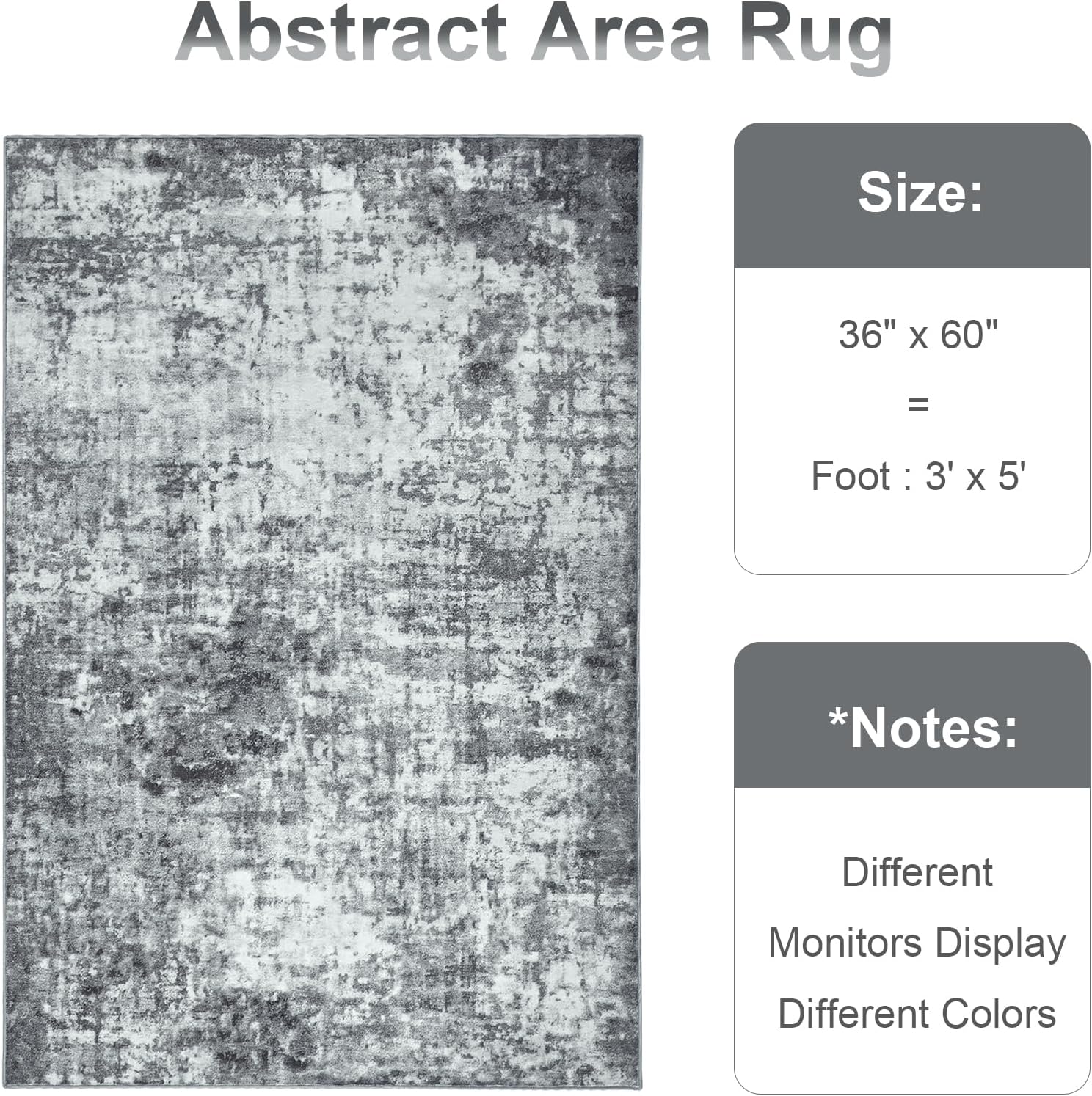 Modern Abstract 3x5 Rug, Non Slip Entryway Rug, Soft Machine Washable Rugs for Indoor Entry, Low Pile Stain Resistant Distressed Rug for Living Room, Bedroom, Grey