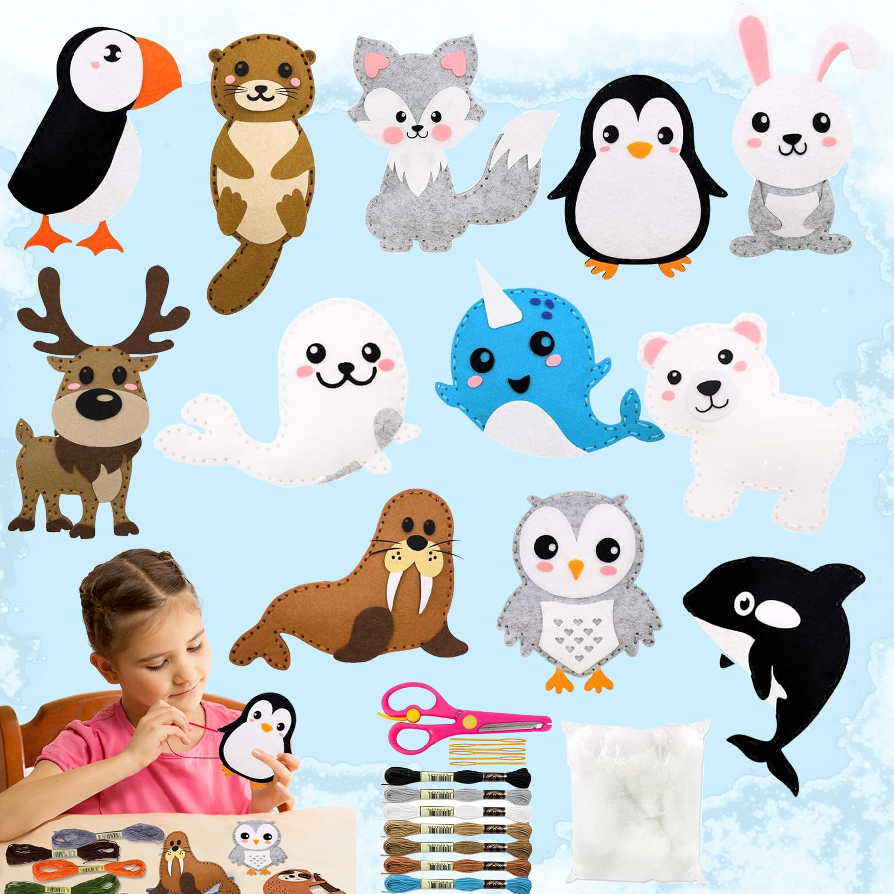TZEKING Children's Sewing Kit, 12 Piece Animal Sewing Kit, Felt Craft Kits, Craft and Sewing Set for Children from 6, Stuffed Felt Plush Ornaments Sewing