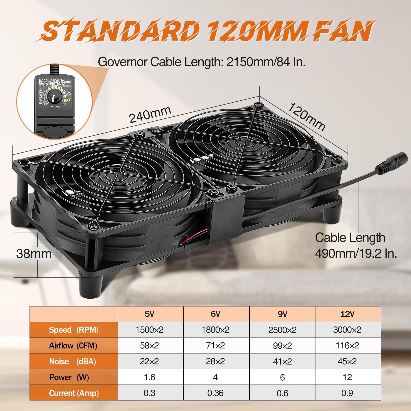 2 ventole per computer da 120 mm con spina AC, 110 V, 120 V, 220 V, 240 V, per server rack, armadietti, finestre piccole (12038)