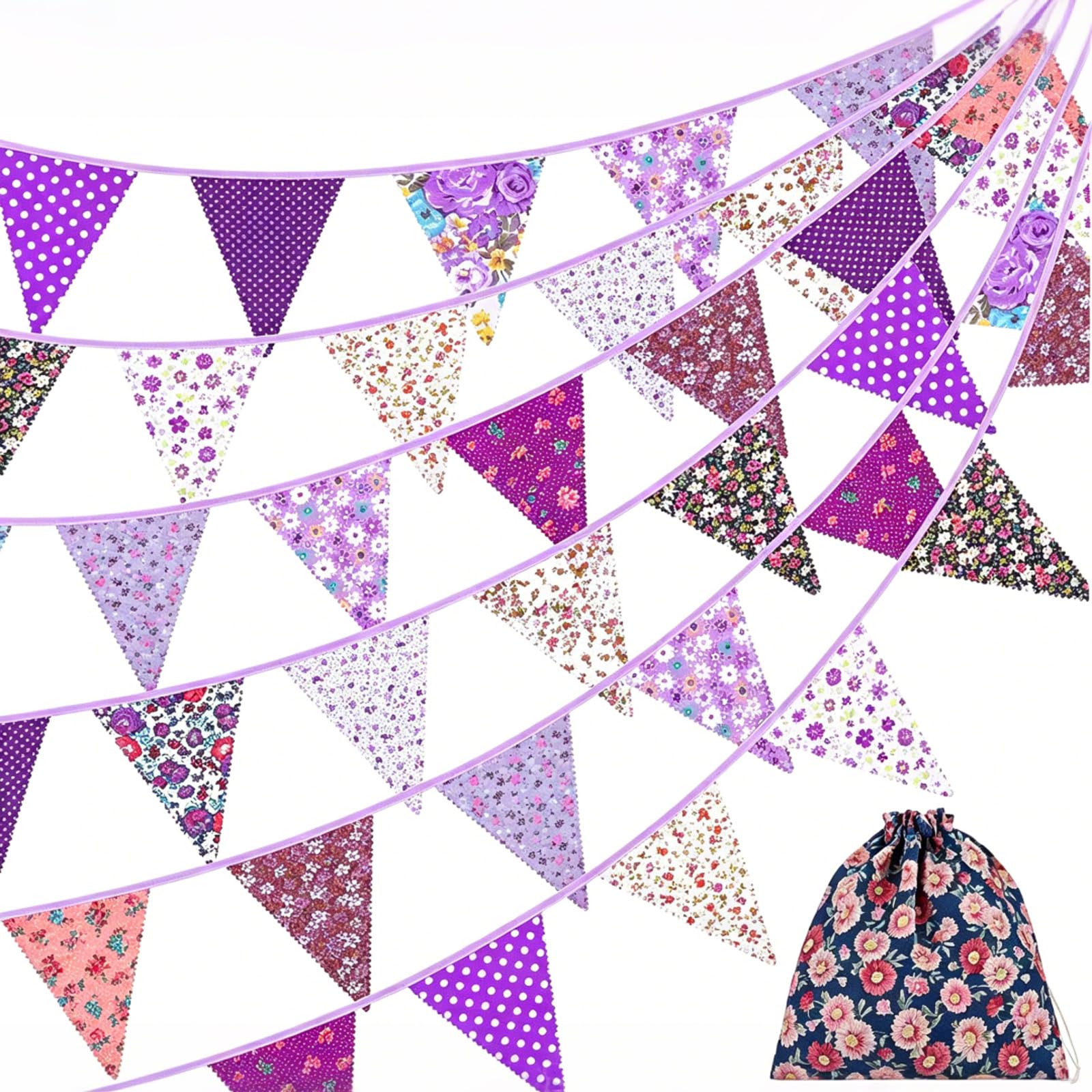 Beyinkoy Floral Bunting Banner, 12M/39Ft Reusable Triangle Flag Banner with Storage Bag, 42 Pcs Cotton Fabric Flags Pennant Garlands for Birthday, Wedding, Baby Shower, Room Decor (Purple)
