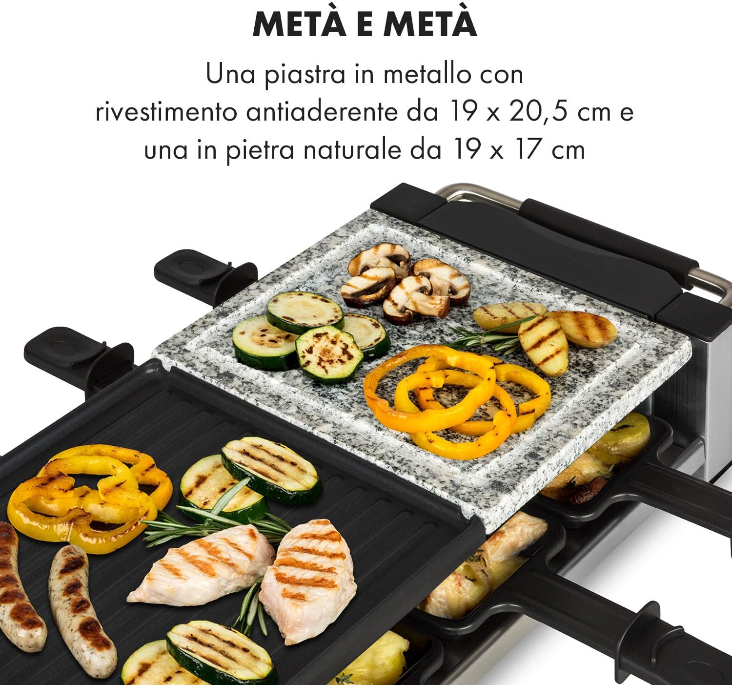 Klarstein Bistecca - Griglia per Raclette, 1200W, 2in1: Piastra in Metallo Antiaderente Piastra in Pietra, Elemento Riscaldante in Acciaio Inox, Termostato Regolabile, per 8 Persone, Argento Klarstein Bistecca - Griglia per Raclette, 1200W, 2in1: Piastra in Metallo Antiaderente Piastra in Pietra, Elemento Riscaldante in Acciaio Inox, Termostato Regolabile, per 8 Persone, Argento