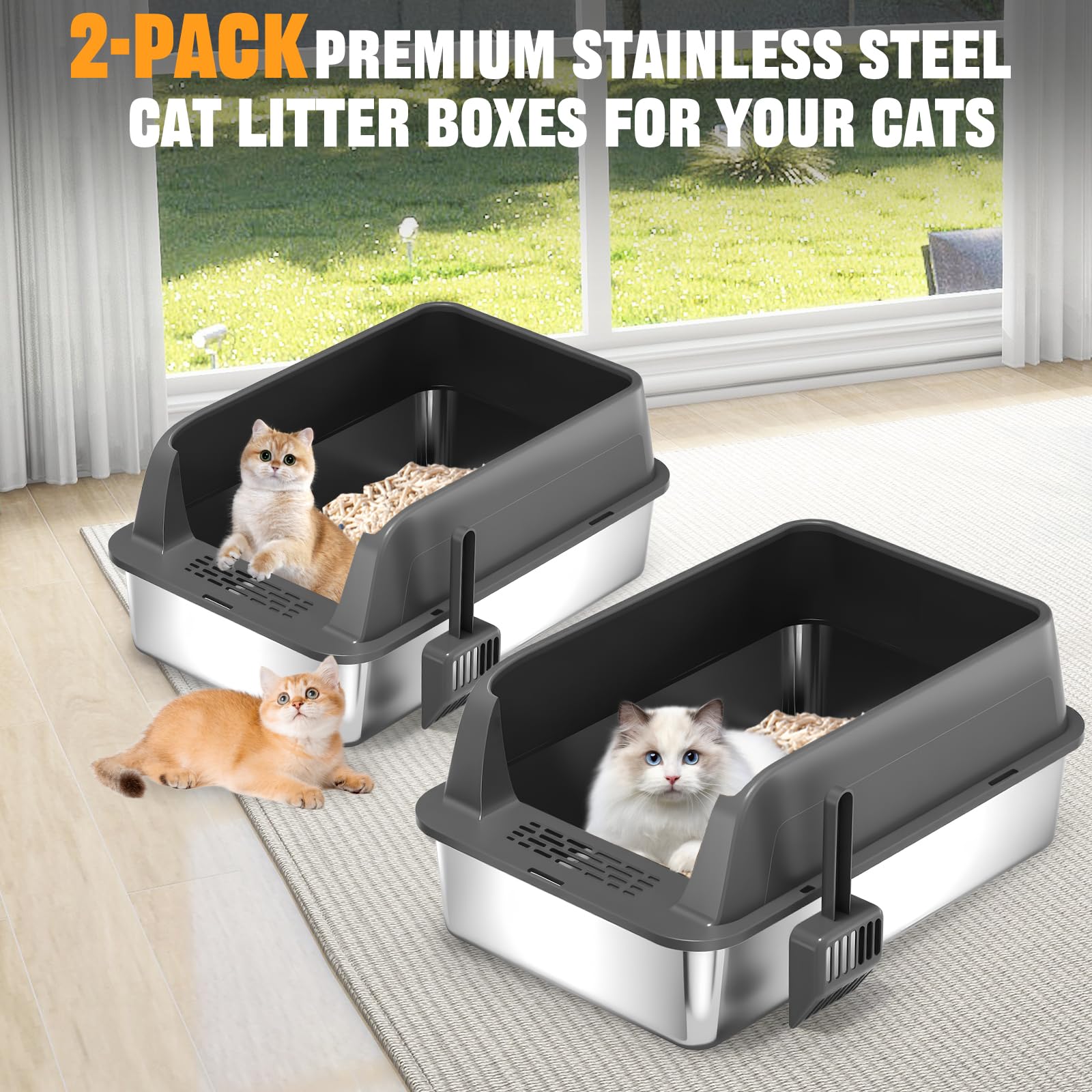 Homegroove Juego de 2 cajas de arena para gatos de acero inoxidable, 58 x 38 x 28 cm, XL, metal, para gatos grandes, con tapa y borde alto, incluye pala, fácil de limpiar (gris oscuro)