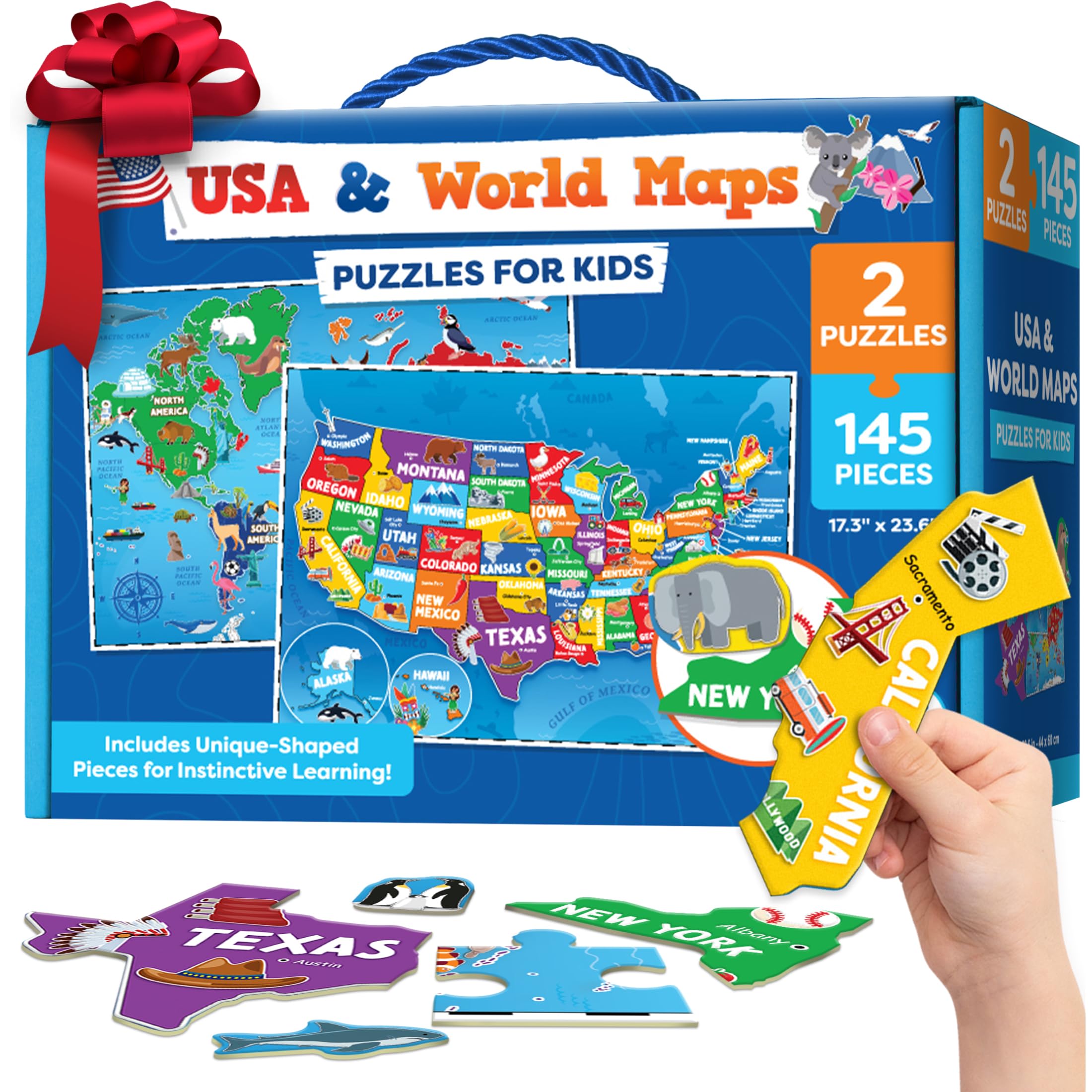 Puzzles for Kids Ages 4-6-8-145pcs World Map & United States Puzzle - Educational Toys for 4+ Year Old - Christmas Gifts for Grandkids, Smart Kids - Gifts for 4 Year Old Girl, Boys