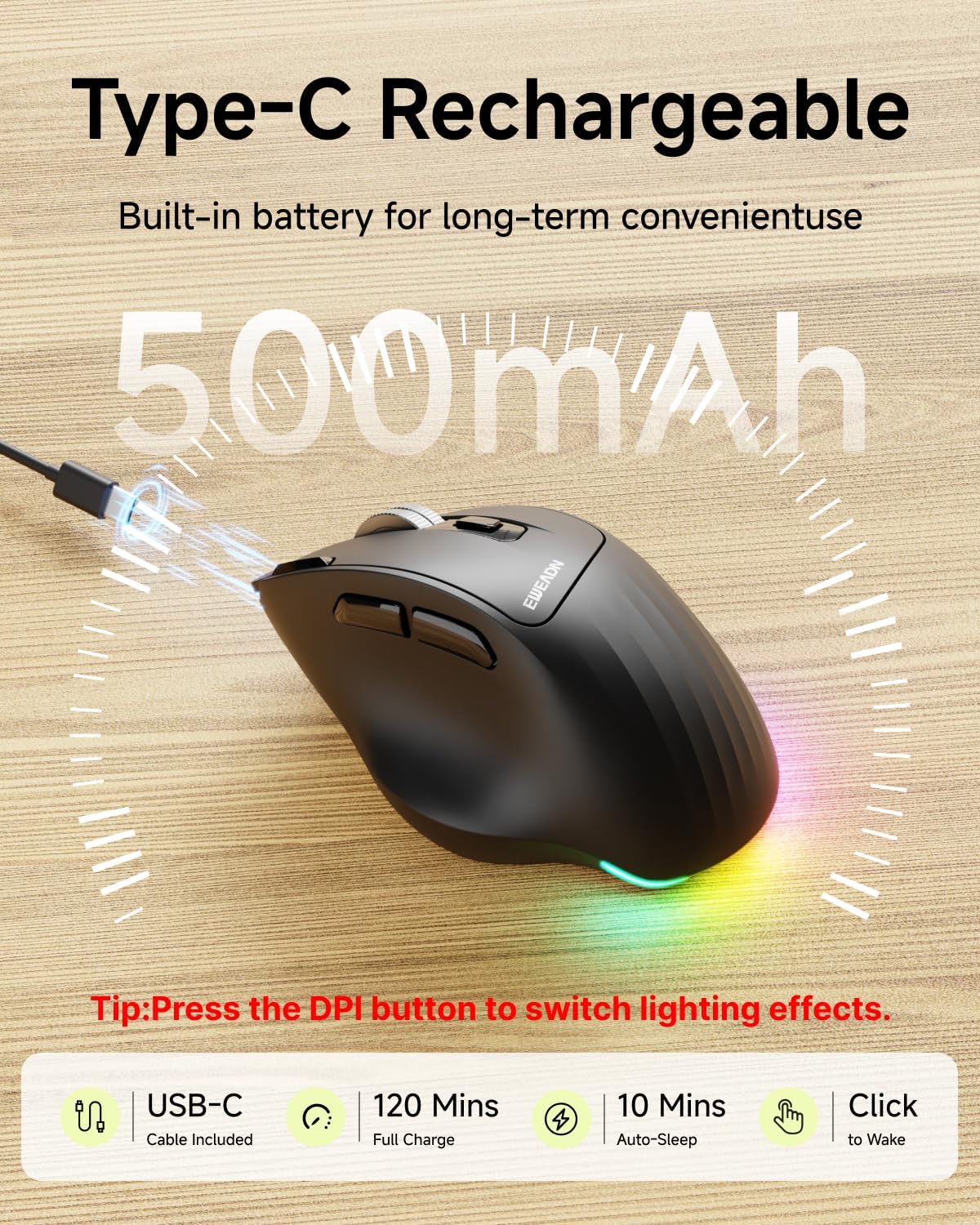 EWEADN C2 Ergonomic Wireless Mouse, Rechargeable Bluetooth & 2.4G Dual Mode Computer Mouse with RGB, Quiet Clicks, 5 Adjustable 4000 DPI, Comfortable Grip for Laptop, PC, Mac, Office - Black