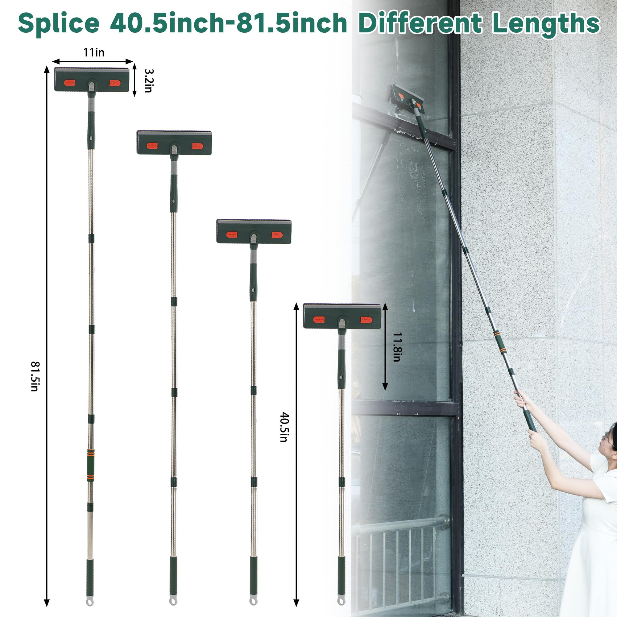 Limpiacristales 2 en 1 Kit de herramientas de limpieza de ventanas con poste telescópico, equipo de lavado de ventanas con cabezal flexible para ventanas interiores y exteriores y cristales de coche