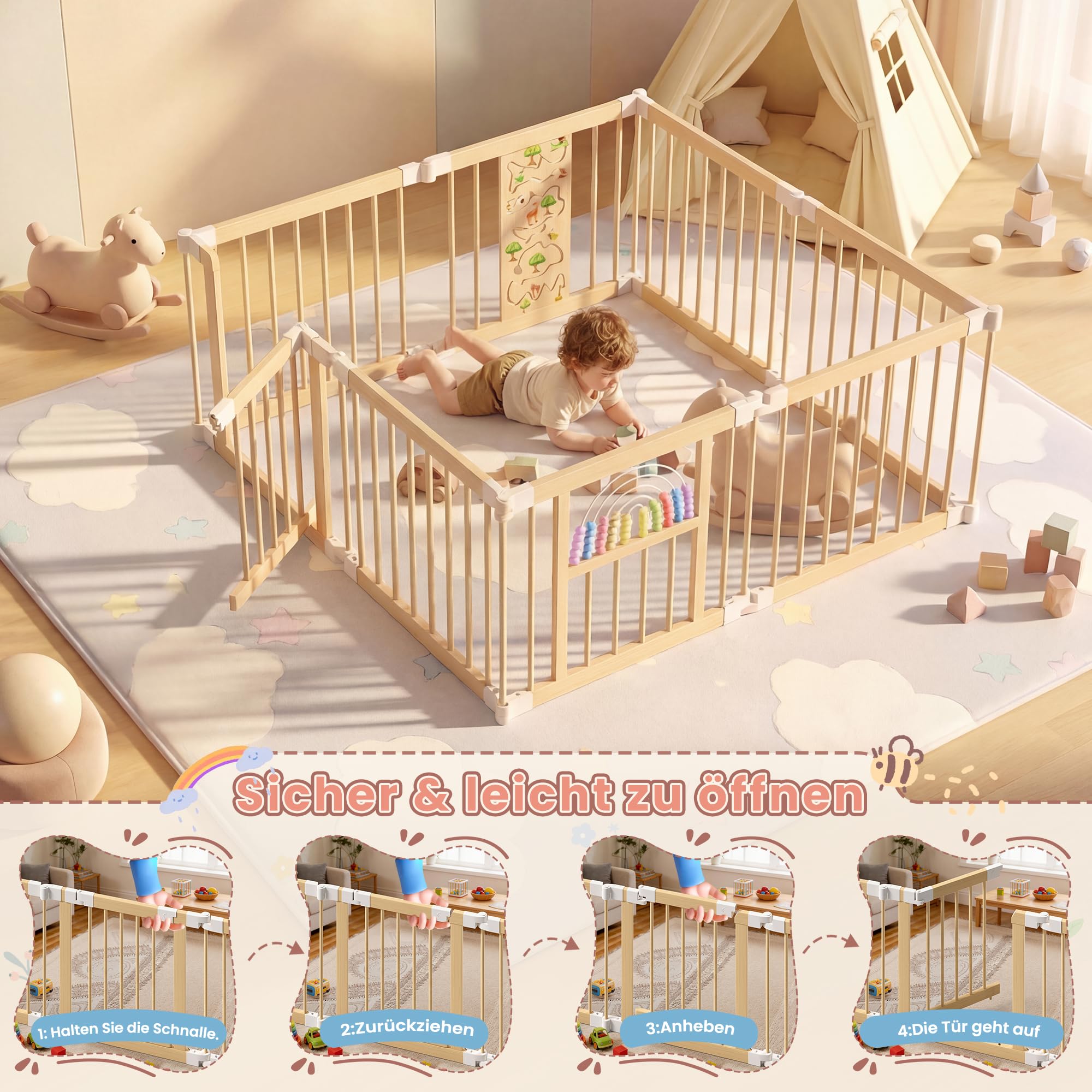 BLEKOO Laufstall Baby Holz mit Spielcenter – 140 x 140 cm Laufstall Baby Faltbar | Verstellbarer Holzlaufstall mit Spielzeug & Tor (8-teilig)