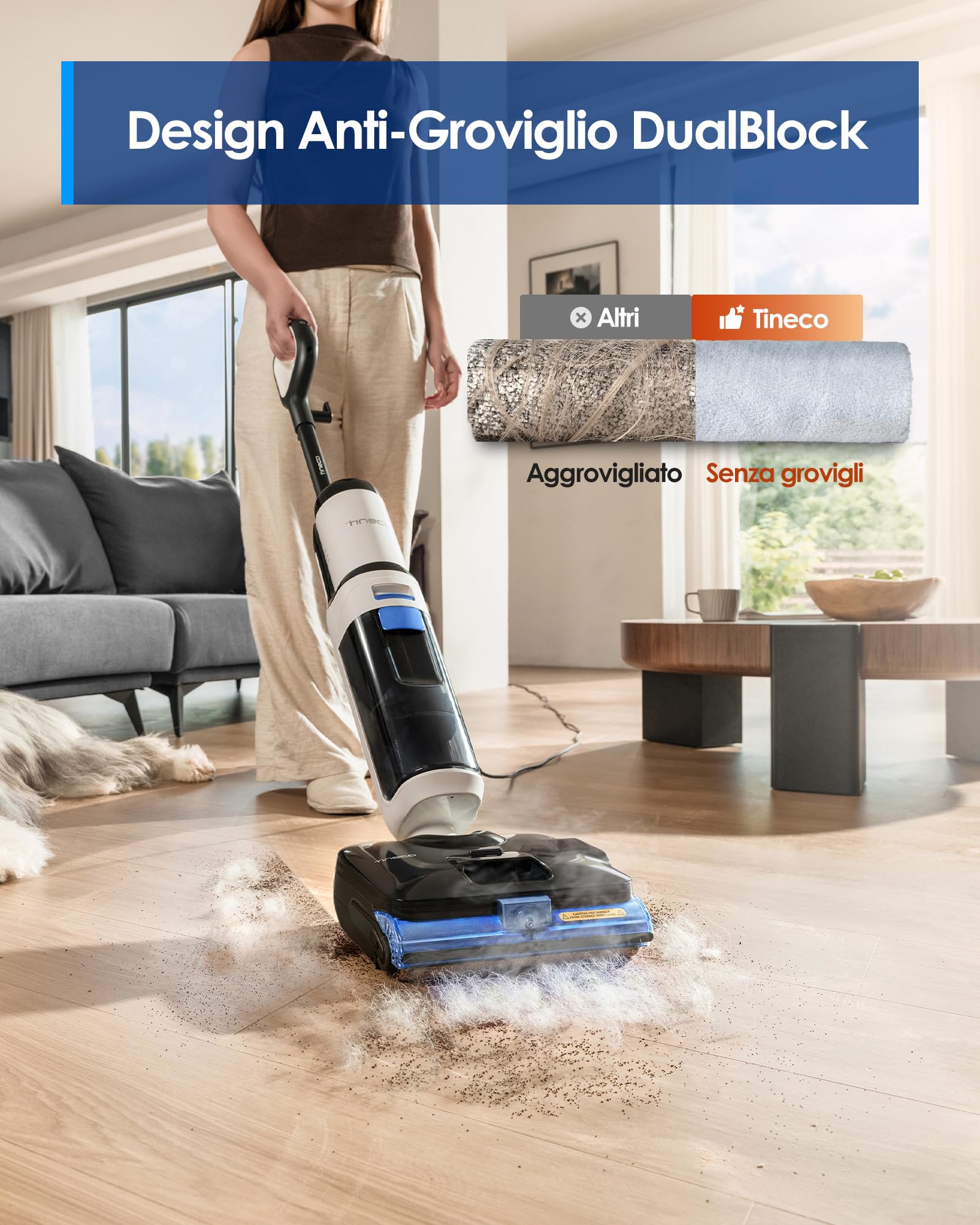 Tineco FLOOR ONE S6 Stretch Steam Aspirapolvere e lavapavimenti a vapore, Pulizia a vapore ad alta temperatura 160℃, Posizione piatta a 180°, Auto-pulizia FlashDry, Cavo lungo 8,3 m