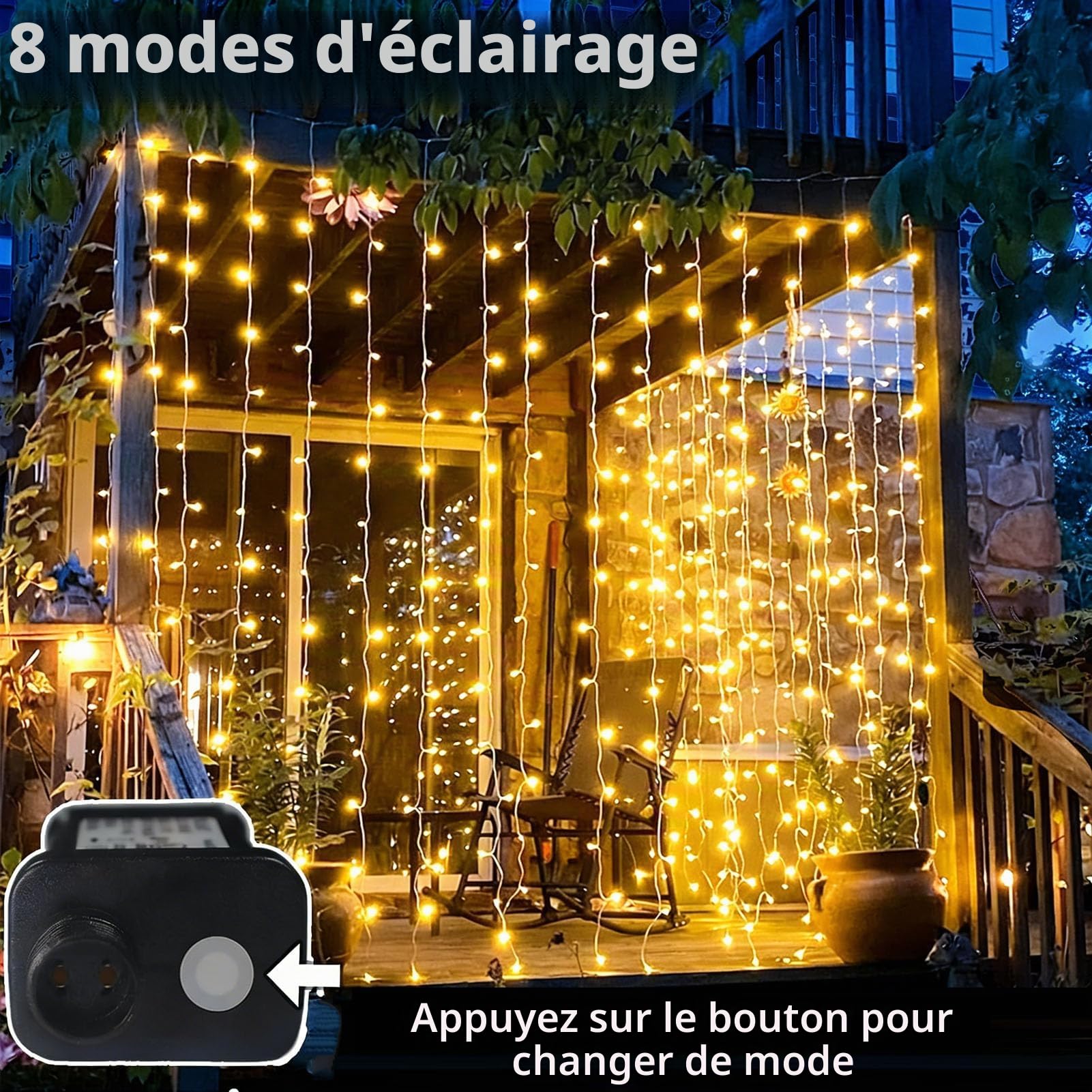 Cozymeow 2 Pièces Rideau Lumineux 6x3m 600 LED Guirlande Lumineuse 8 Modes | Cascade Lumineuse avec Minuterie, Étanche pour Décoration Jardin Noël Extérieur, Pergola, Tonnelle, Fenêtre - Blanc Chaud