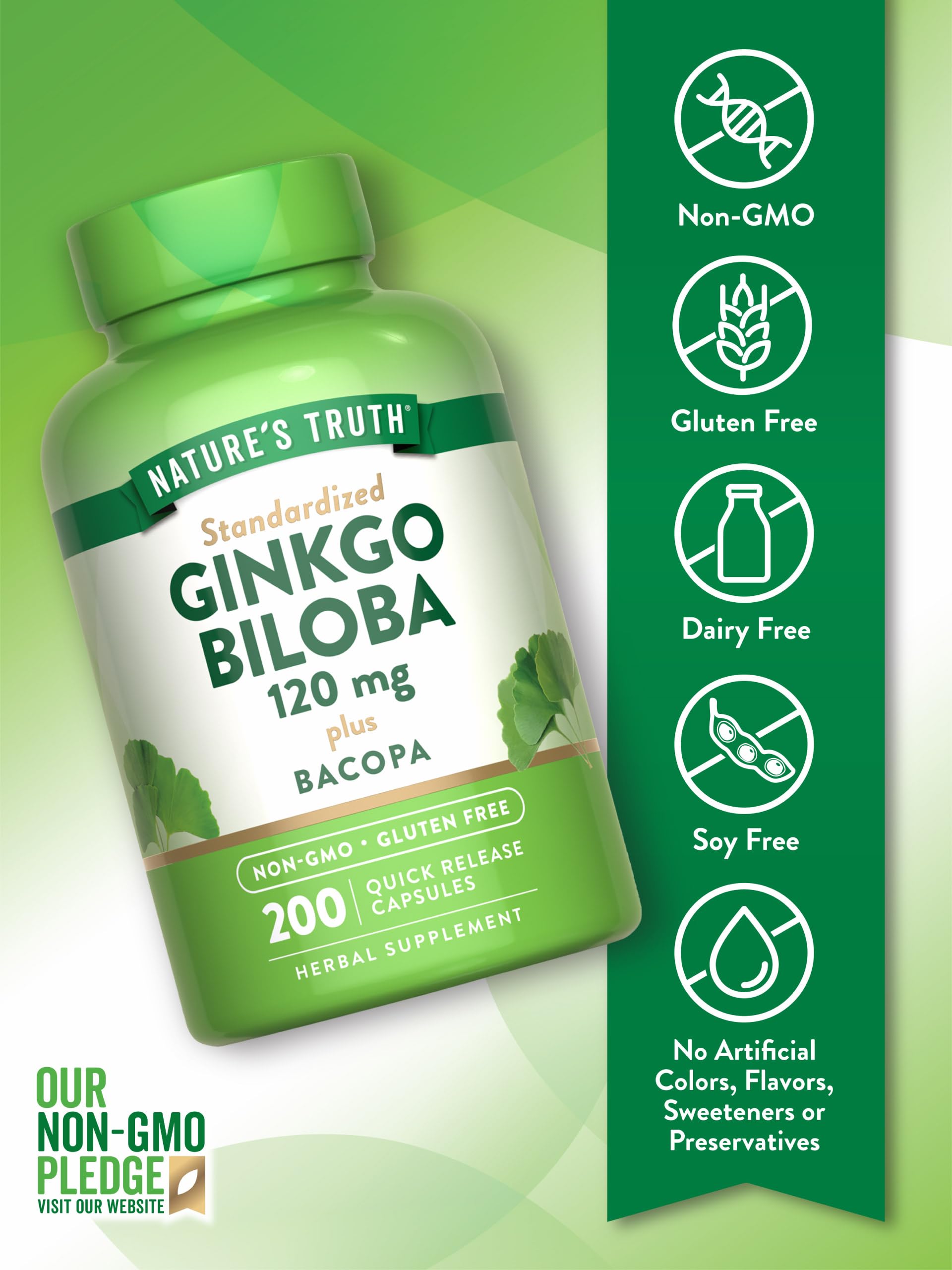 Nature's Truth Ginkgo Biloba 120mg | Plus Bacopa | 200 Quick Release Capsules | Standardized Extract | Non-GMO and Gluten Free Supplement — Amazon image 3
