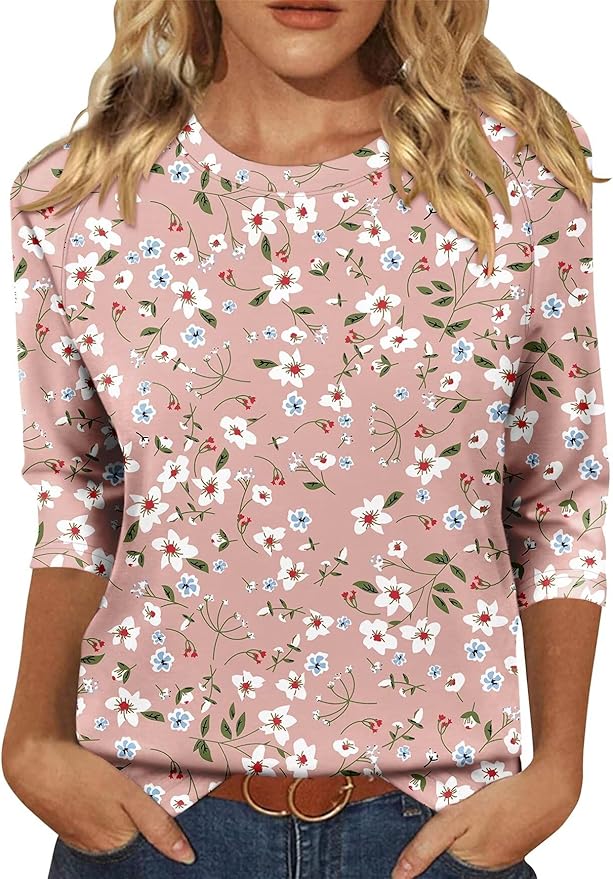 KISSMODA Tunic Tops for Women Loose Fit Dressy Round Neck Pleated 3/4 Length Sleeve Spring Tops