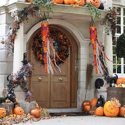 Miniatura 4 de Suhoaziia Paquete de 2 banderas de manga de viento de arce rojo, decoración colgante para patio, jardín, camino, decoración de fiesta con colas