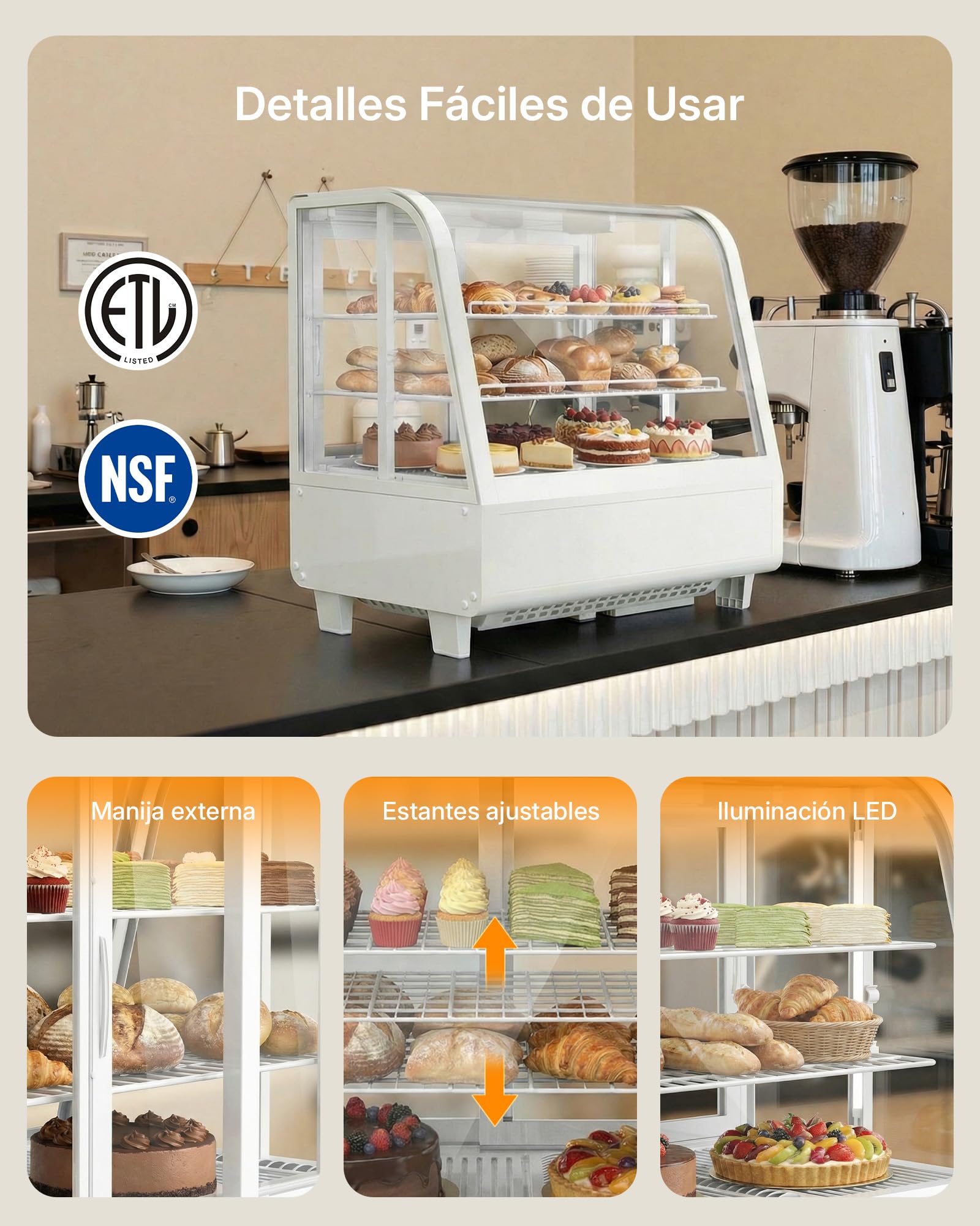Upstreman Vitrina Refrigeradora 100L con Iluminación LED, Control Digital de Temperatura 2-10°C, 2 Estantes Ajustables, para Cafetería, Panadería y Pastelería, CD101 Blanco
