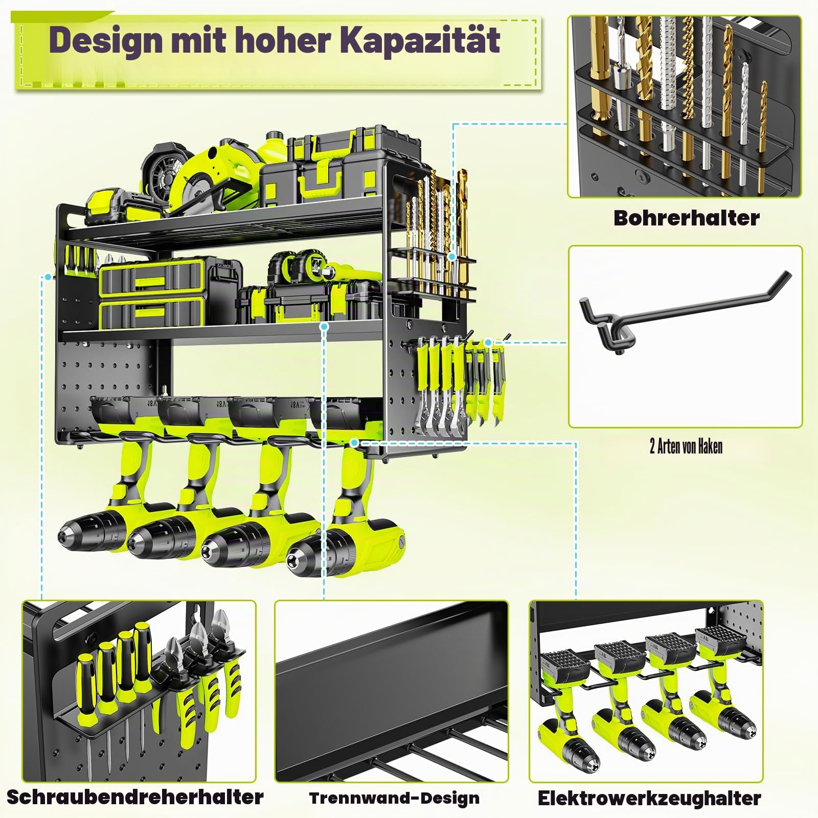 Metall Werkzeughalter Wand, Werkzeugspeicher Wandhalterung Schlagbohrschrauber Werkzeugregal Werkzeugständer mit seitlichem Schraubendreher-Gestell für Garage Werkstatt (Schwarz)