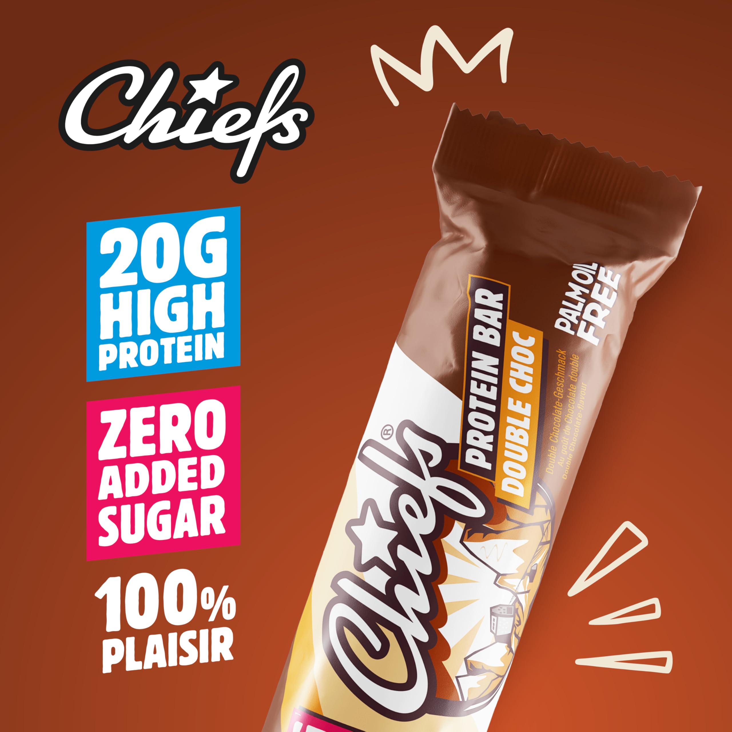 Chiefs Protein Bar (Double Choc) • Barre protéinée premium avec 20g de protéines & 201 kcal par barre • Sans sucre ajouté • Barre protéinée low sugar • Goût de chocolat • Pack de 12 (12 x 55g)
