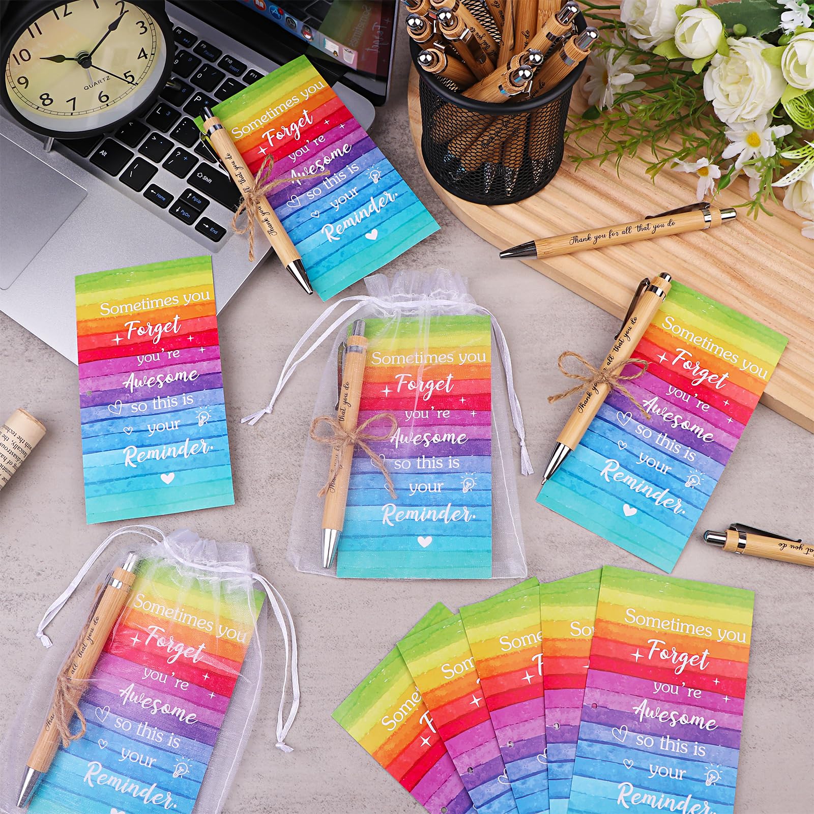 36 Sets Thank you Gifts Motivational Pens Employee Appreciation Gifts Inspirational Bamboo Ballpoint Pens with Rainbow Cards Organza Bags for Colleagues Teacher Volunteer Team Bulk Gifts - Image 4