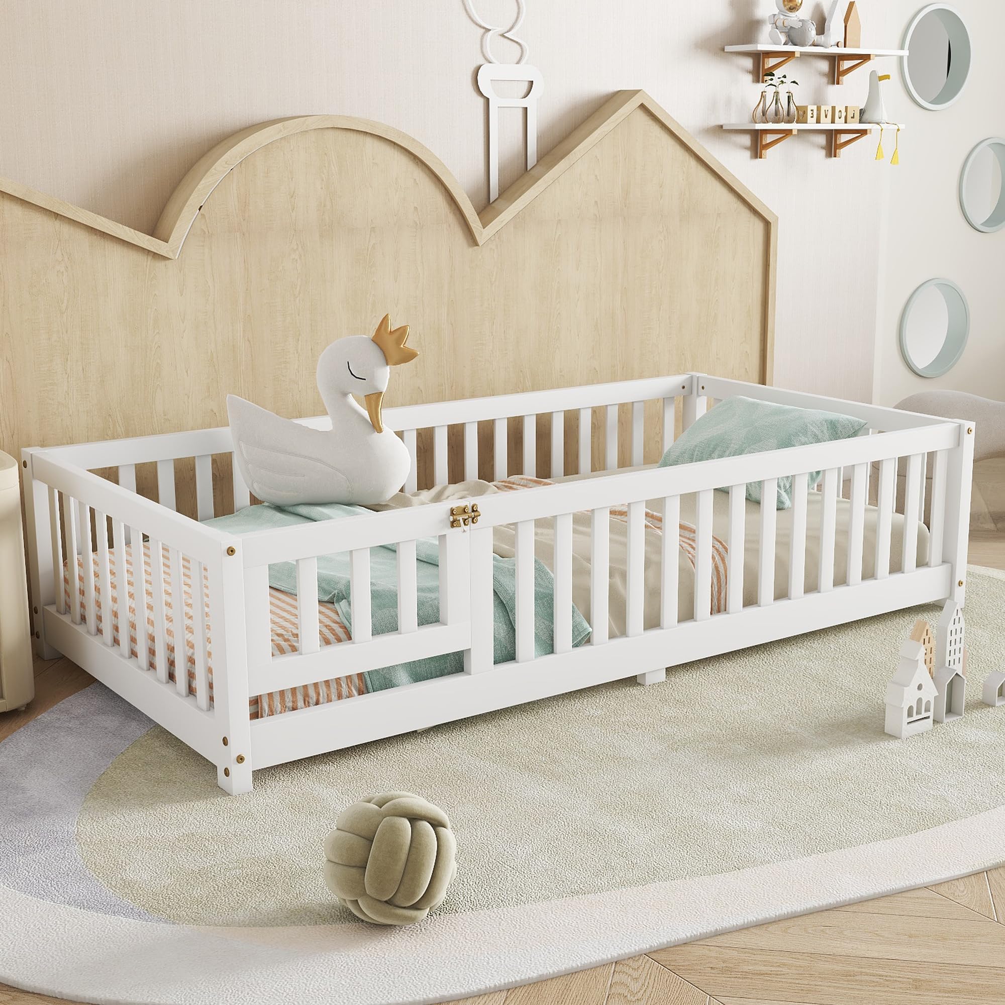 Twin Floor Bed with Slats, Fence and Door, Twin Size Montessori Floor Bed for Kids, Girls, Boys, Easy Assemble Montessori Bed Frame(Twin White)