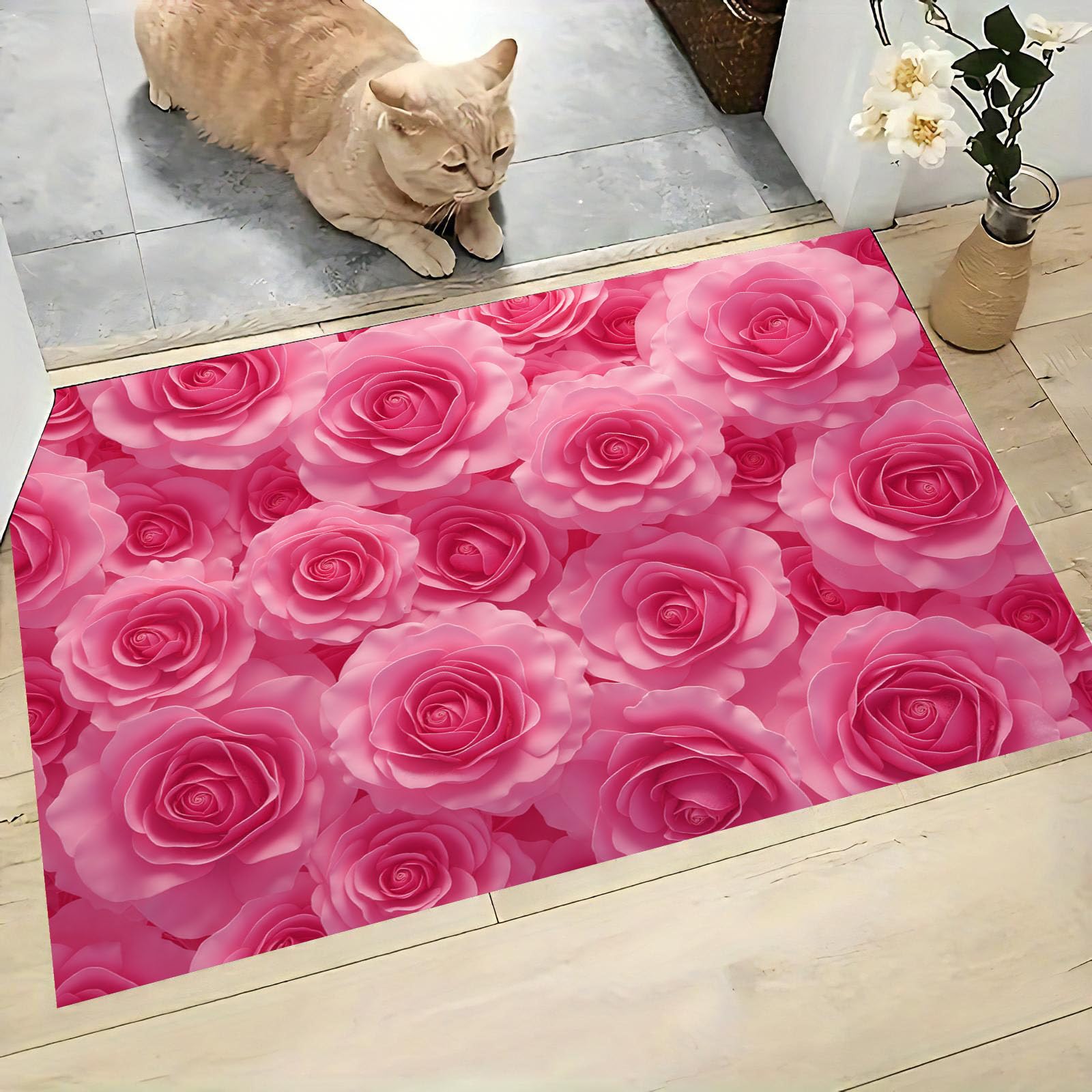 Tapis Entree Interieur Romantique Floral 60x90cm Lavable en Machine, paillasson AntidéRapant Poil Ras, Aquarelle Rose pour Chambre Salle a Manger Cuisine, Rose Vif