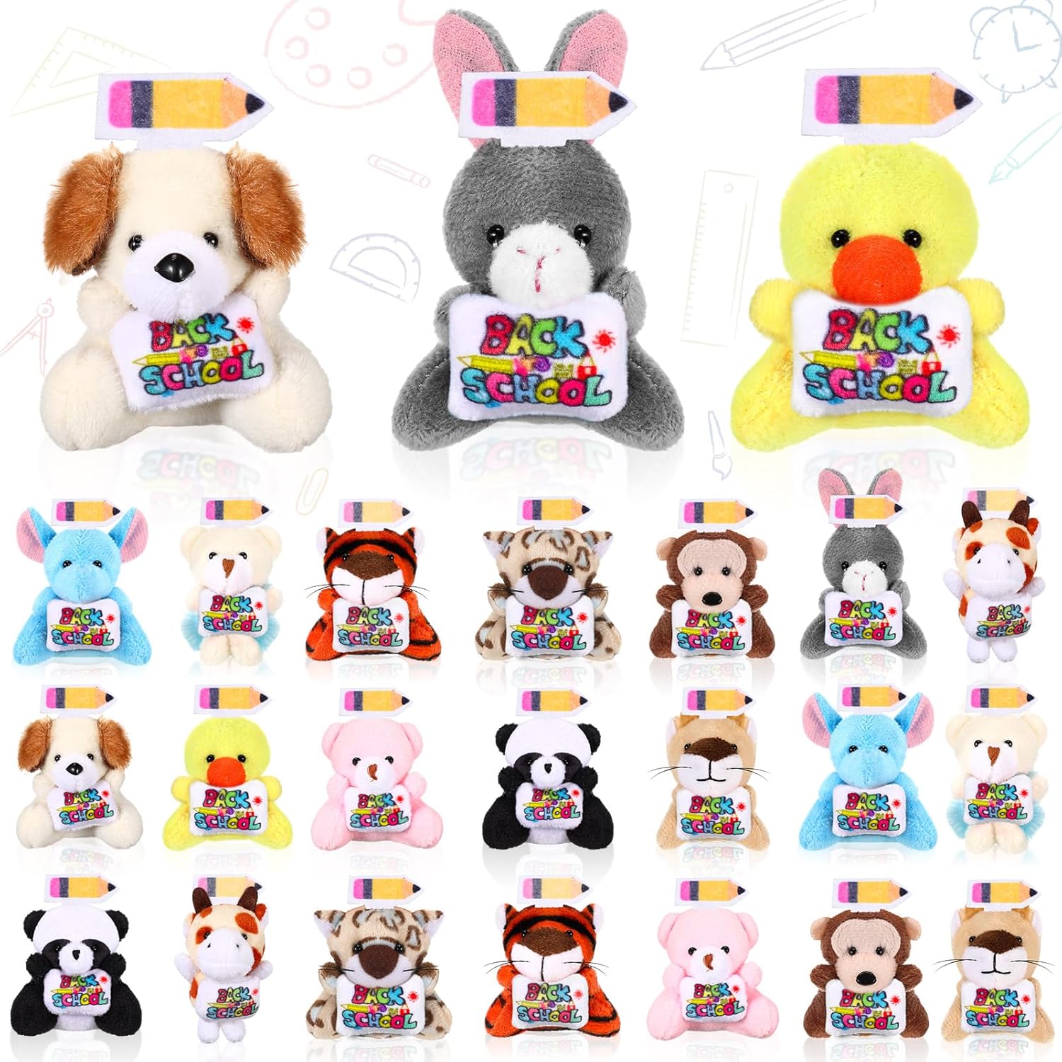 24 Pcs Welcome Back to School Gifts for Students Mini Stuffed Animals Bulk Tiny First Day of School Plush Animals Small Doll Keychain with Pencil and Sign for Party Classroom Prizes Gifts