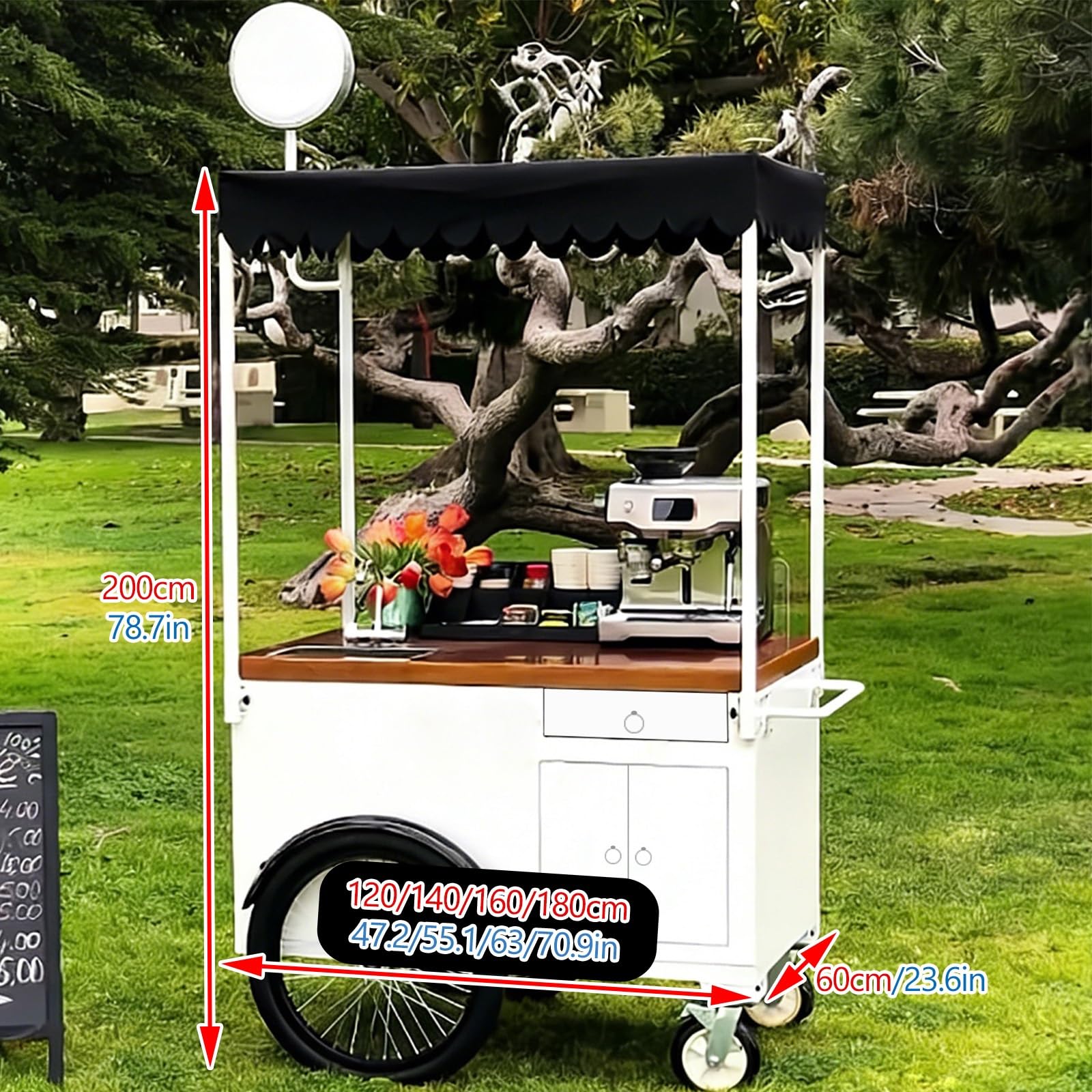 PortabFooCart creativo con tettoia 4 ruote Bancarelle di caffè Cabine del mercato nero 180 cm contenitori Sto per festival eventi e catering
