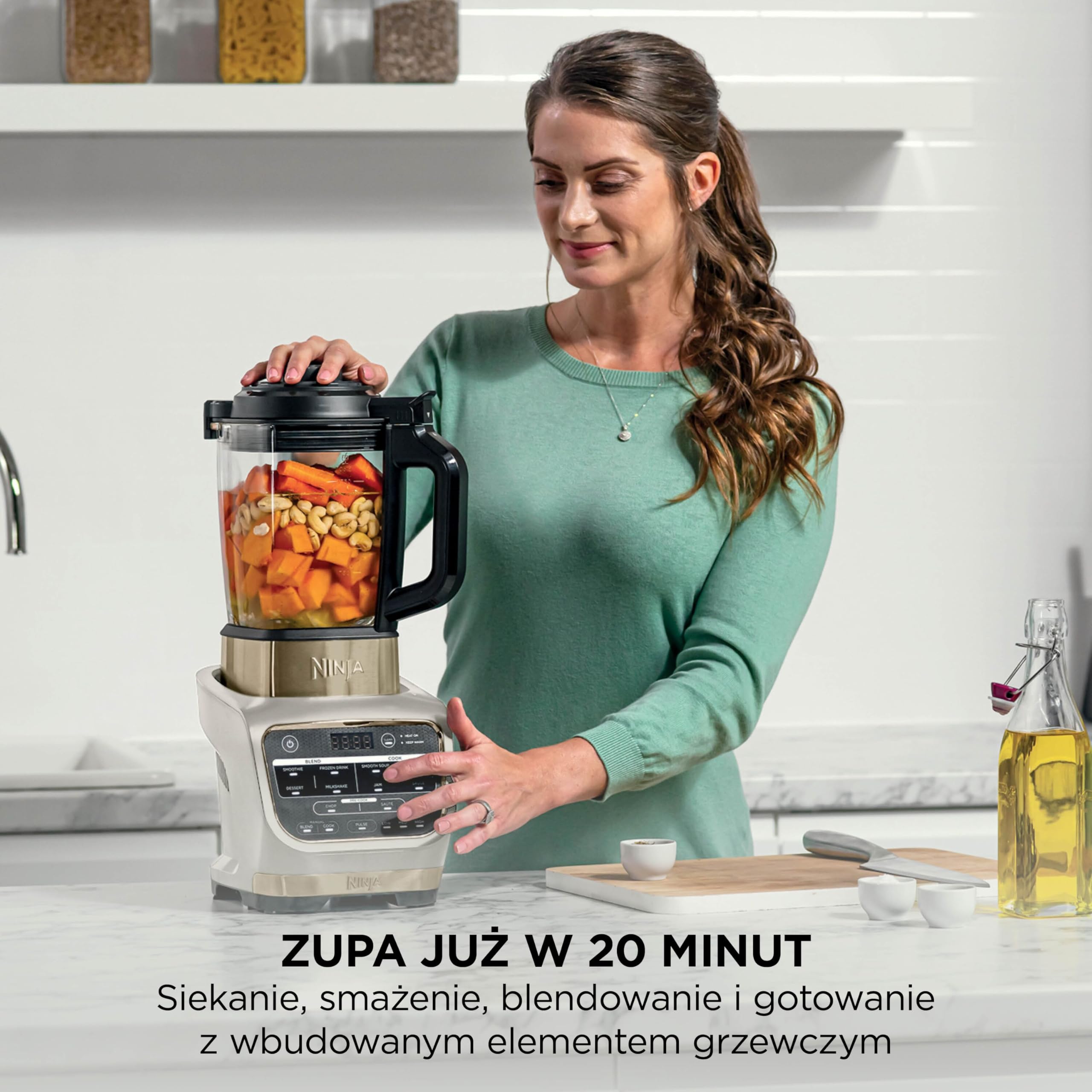 Ninja Foodi blender, blender do zup, 10 programów Auto-iQ, szklany dzbanek 1,7 l, blender: ciepło i zimno, element grzewczy, tamper, program czyszczący i szczotka, 1000 W, kamienne złoto HB150EUSTGD