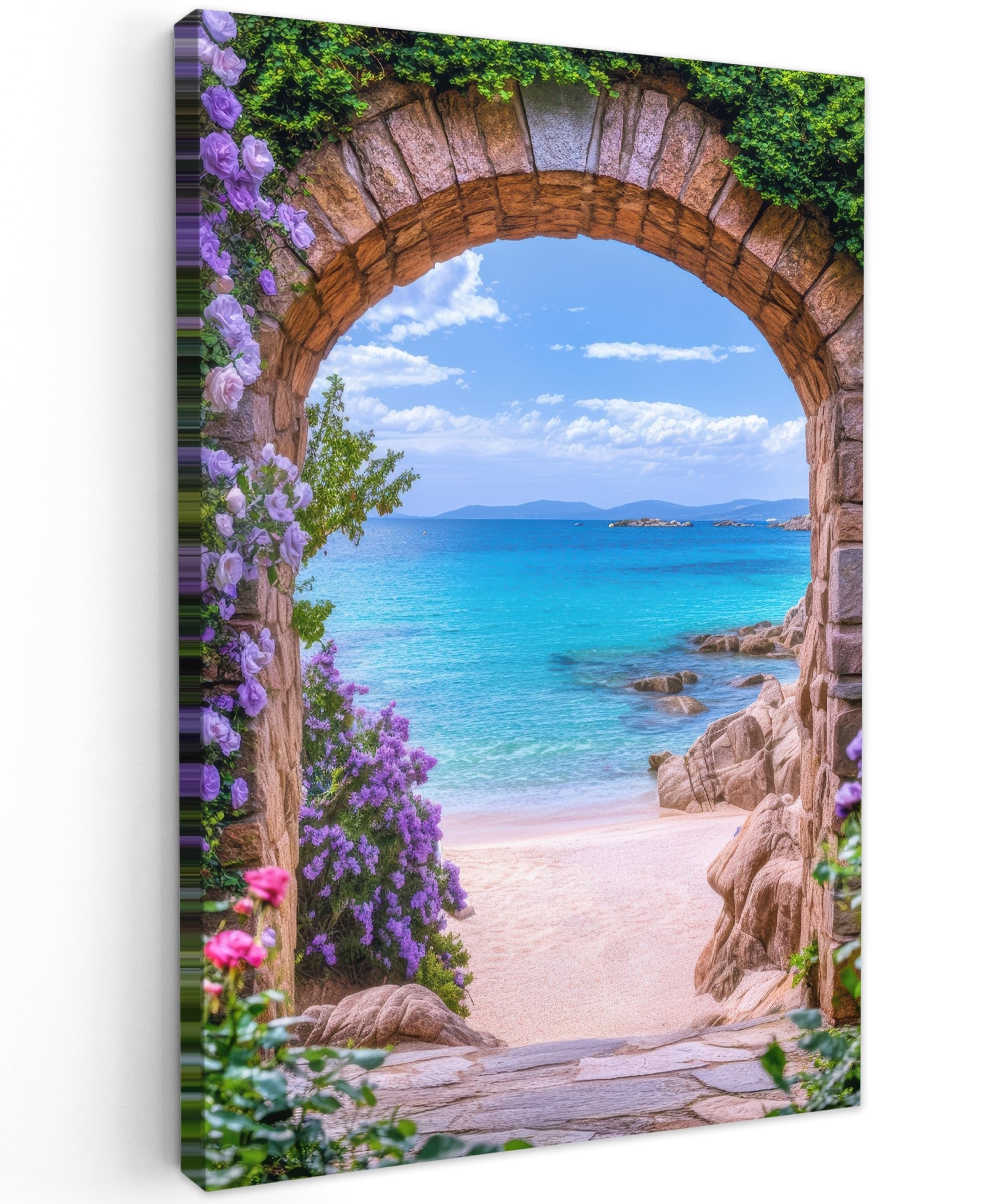 MuchoWow© Canvas Wall Art 24"x35" / 60x90 cm Decor Paintings Prints framed on Canvas Decorations Wallart View - Sea - Rocks - Beach - Gate
