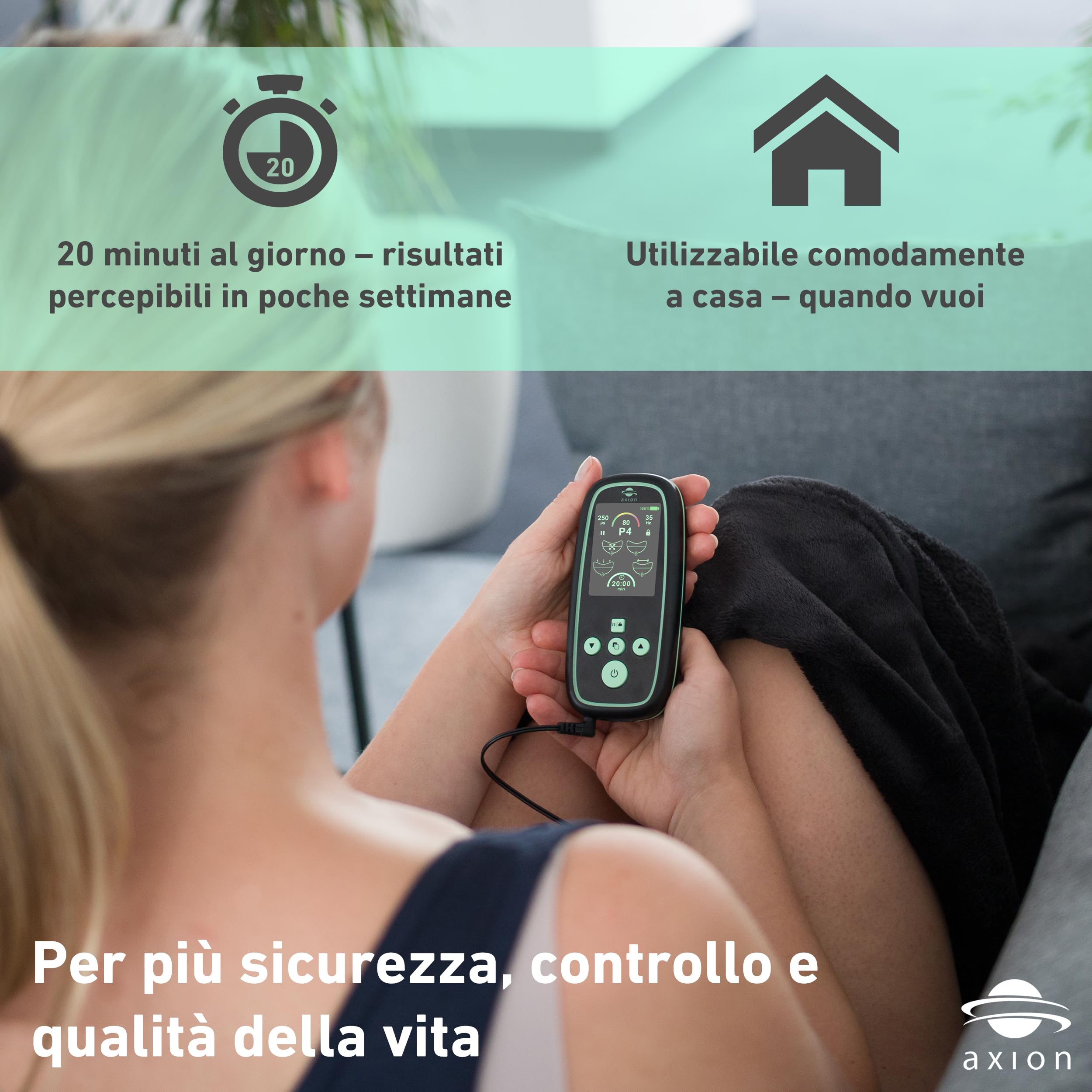 Stimolatore del pavimento pelvico axion® I-3000 per donne | Dispositivo Kegel EMS con sonda per incontinenza e controllo della vescica | 4 programmi, 80 intensità, USB-C – Medico certificato