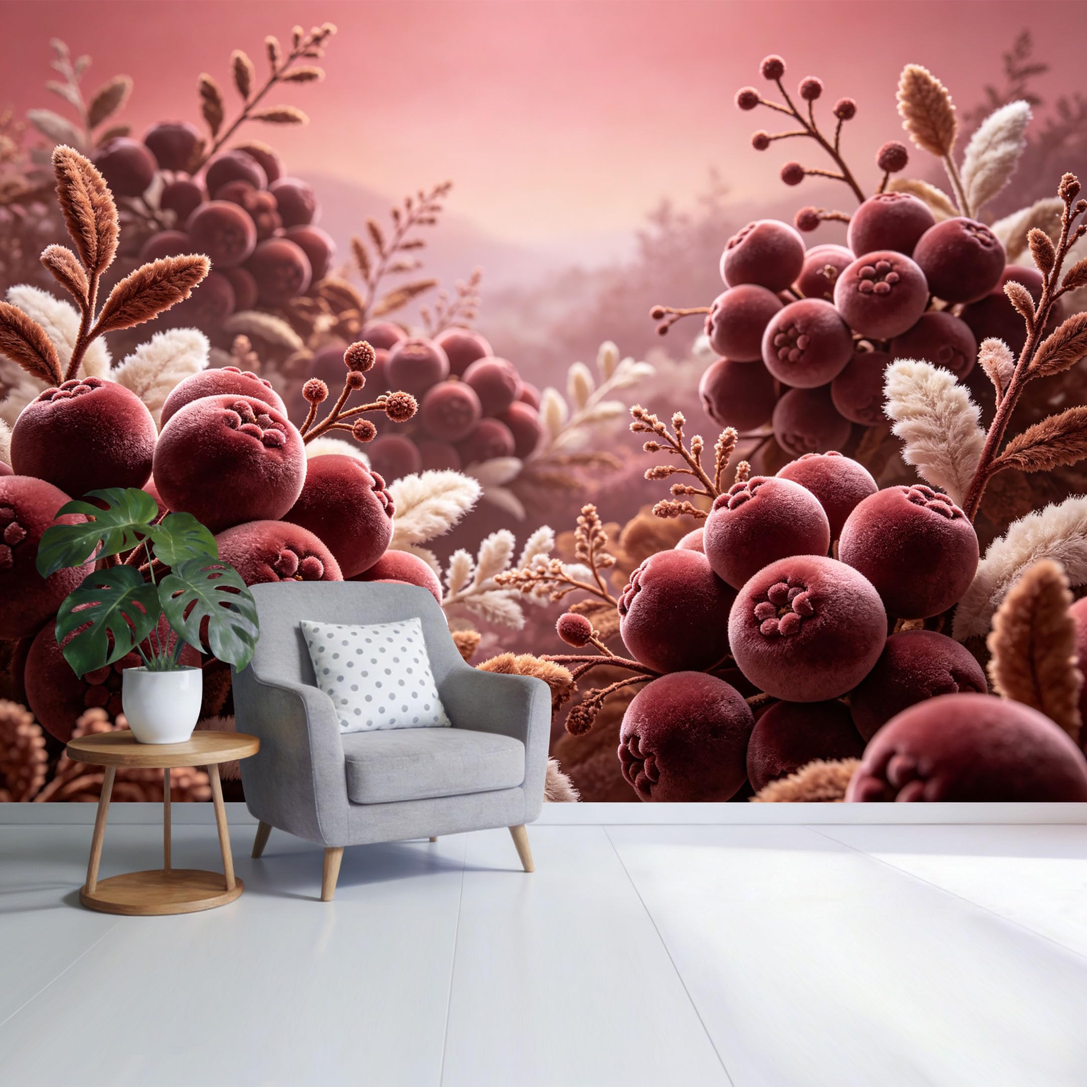 Custom Size Wall Mural Botanical Velvet Red Berry Foliage Landscape Watercolor Style SelfAdhesive Wall Fabric Removable Wallpaper for Home Office Decor