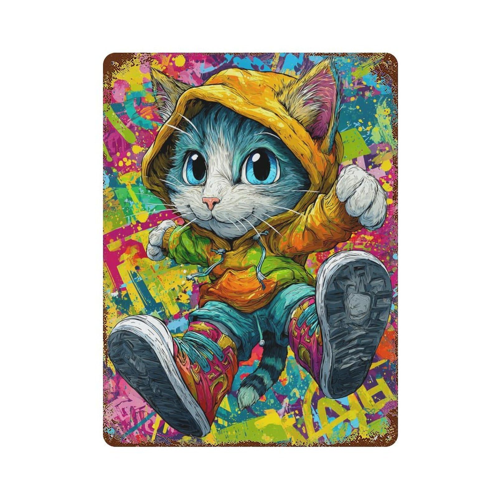 Colorful Cat Art Print-11 Distressed Metal Wall Sign 15.7"x11.8", Rustic Home Decor for Living Room, Hallway And Home Decor