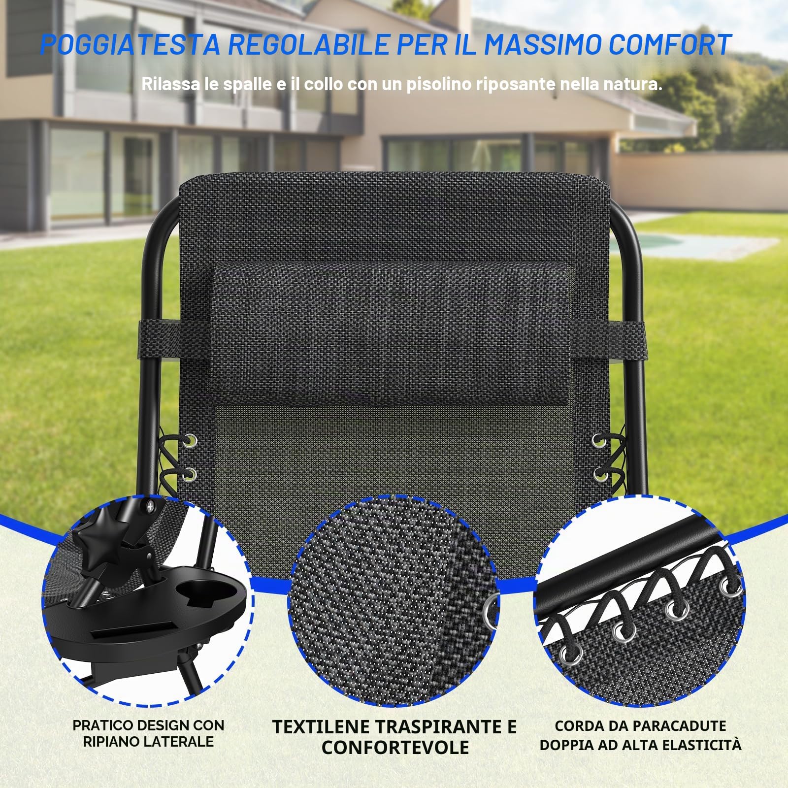 Set di 2 sedie a sdraio Huracan, sdraio pieghevole con poggiatesta regolabile in continuo e portabevande, sdraio da giardino Piscina con telaio in acciaio inossidabile e Tessuto traspirante, antracite