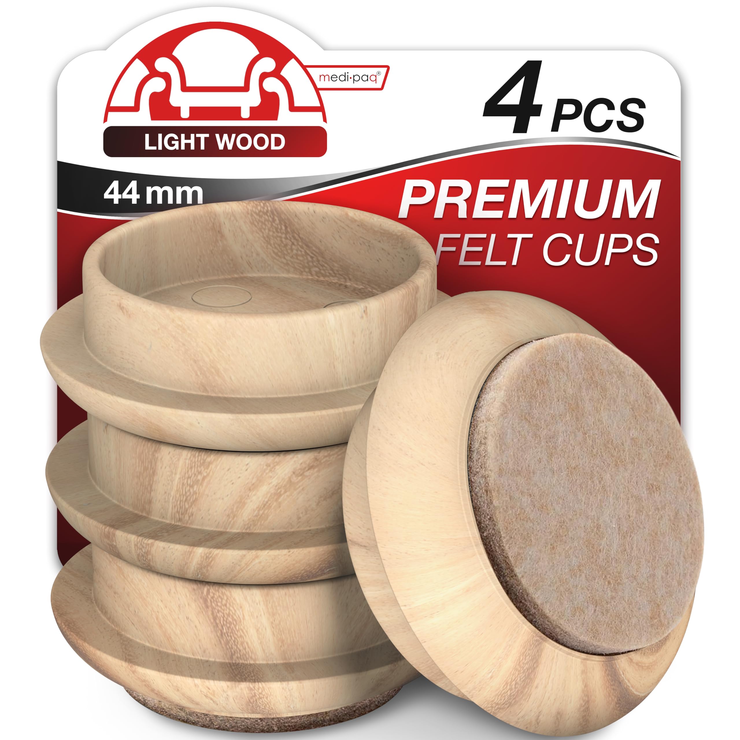 Medipaq Felt Castor Cups - 4x Small 44mm Light Wood Grain - Protects Wooden & Smooth Floors - Chair & Furniture Leg Protectors