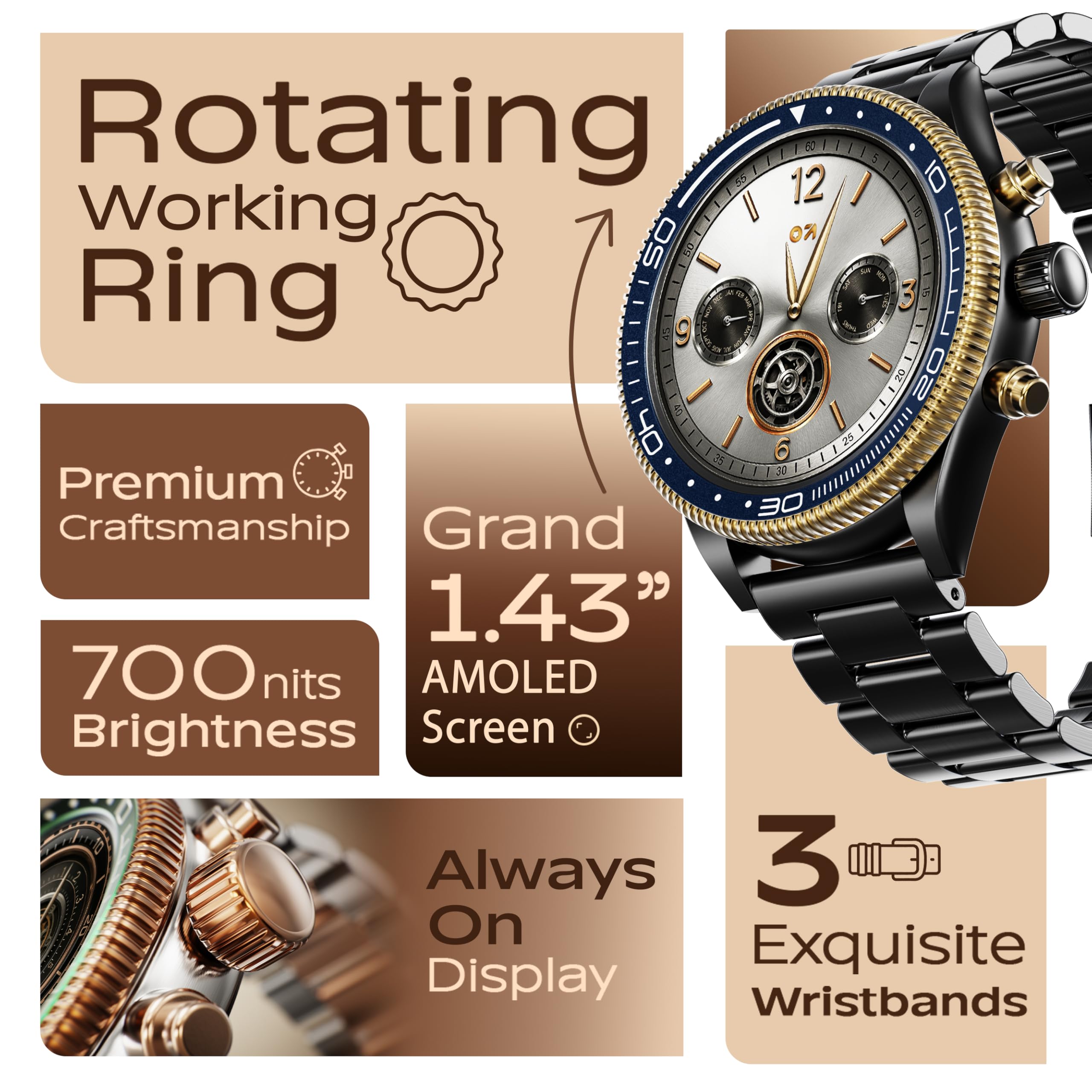 GOBOULT Saber Smart Watch 1.43'' AMOLED Display, Functional Rotating Bezel, AOD, BT Calling, 200+Watchfaces, 700 Nits Brightness, AI Voice Assistant, SpO2 Monitoring, 120+ Sports Mode (Metal Black) — Amazon image 2