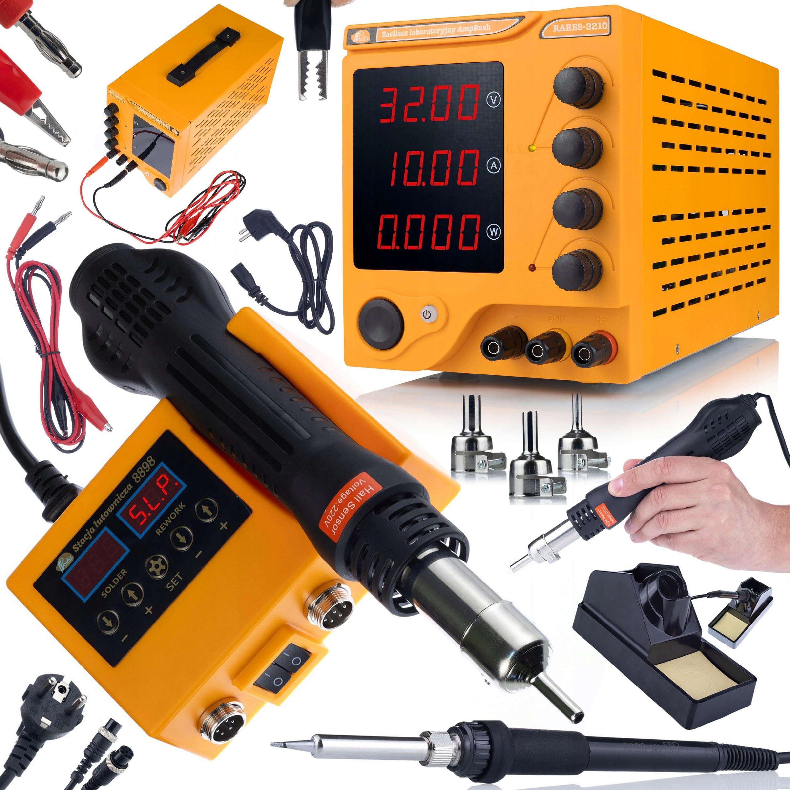 Rosfix AmpRush RARES-3210 + Orange Husky OH660 – zasilacz laboratoryjny 0-32 V 10 A i stacja lutownicza 2 w 1 Hot-Air/900M | precyzyjna regulacja | wyświetlacz LED | zestaw warsztatowy elektroniki