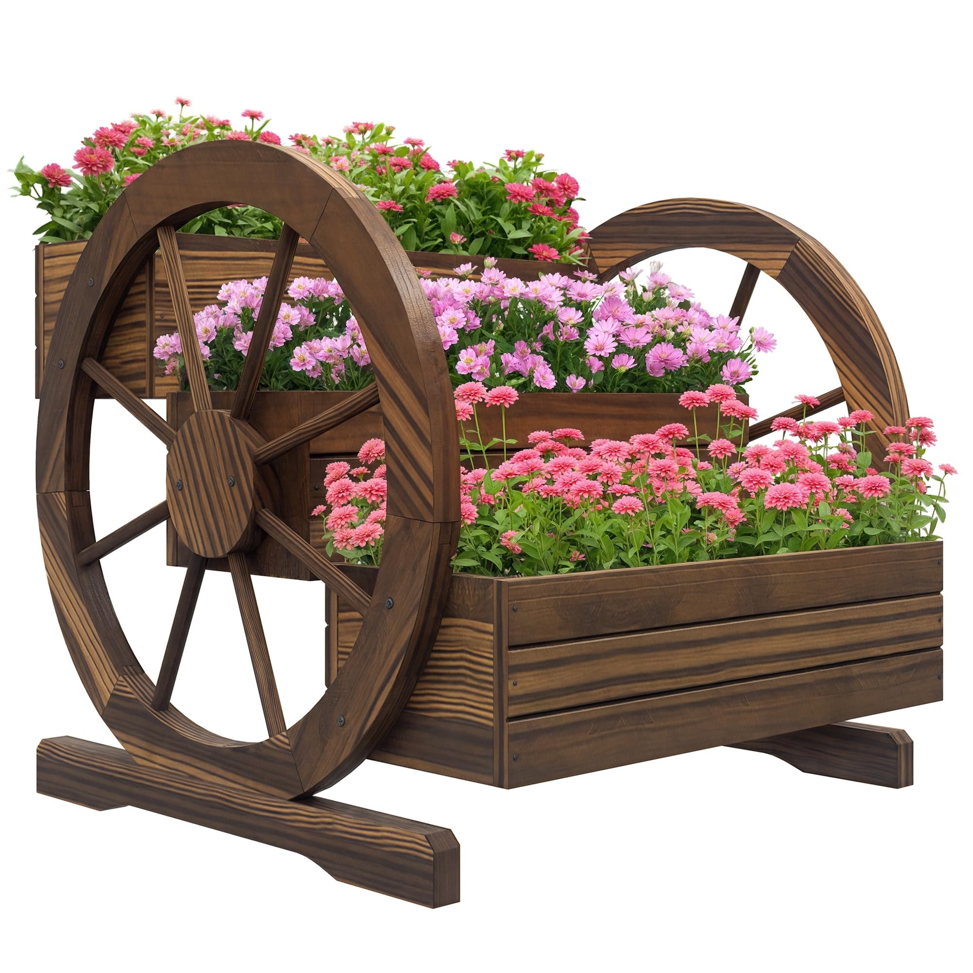 Outsunny Jardinière sur Pieds carré Potager 3 étages Style Rustique Chic avec 2 Roues Charrette Bois Sapin, Trous de Drainage, dim. 62L x 61l x 57H cm Marron