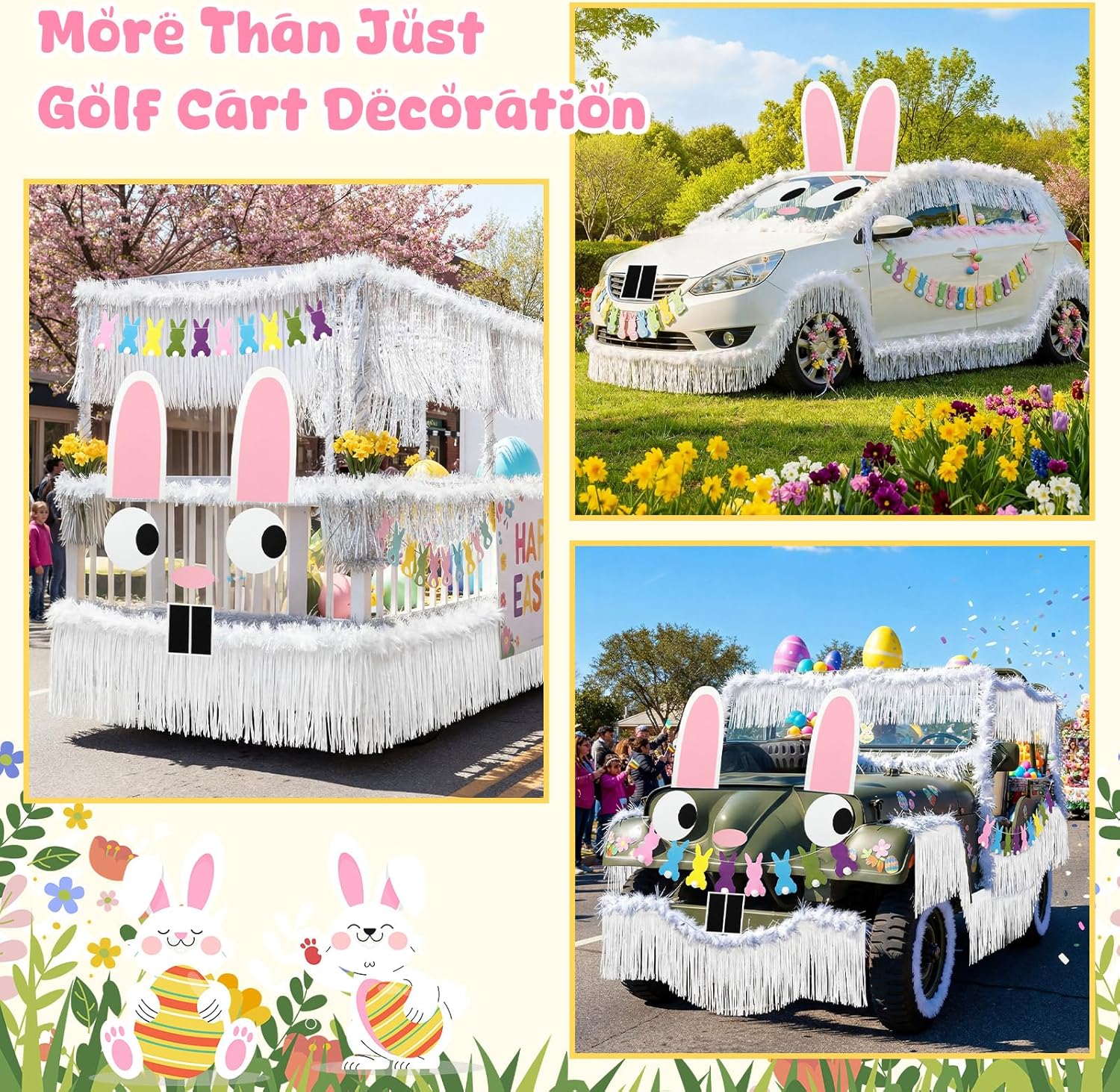 12 Pcs Easter Bunny Golf Cart Decoration Kit 1 Set Giant Felt Rabbit Model 3 Silver Thread Felt Strip 2 Curved Rain Curtain 2 White Felts Strip 2 Easter Bunny Banners for Golf Cart Accessories