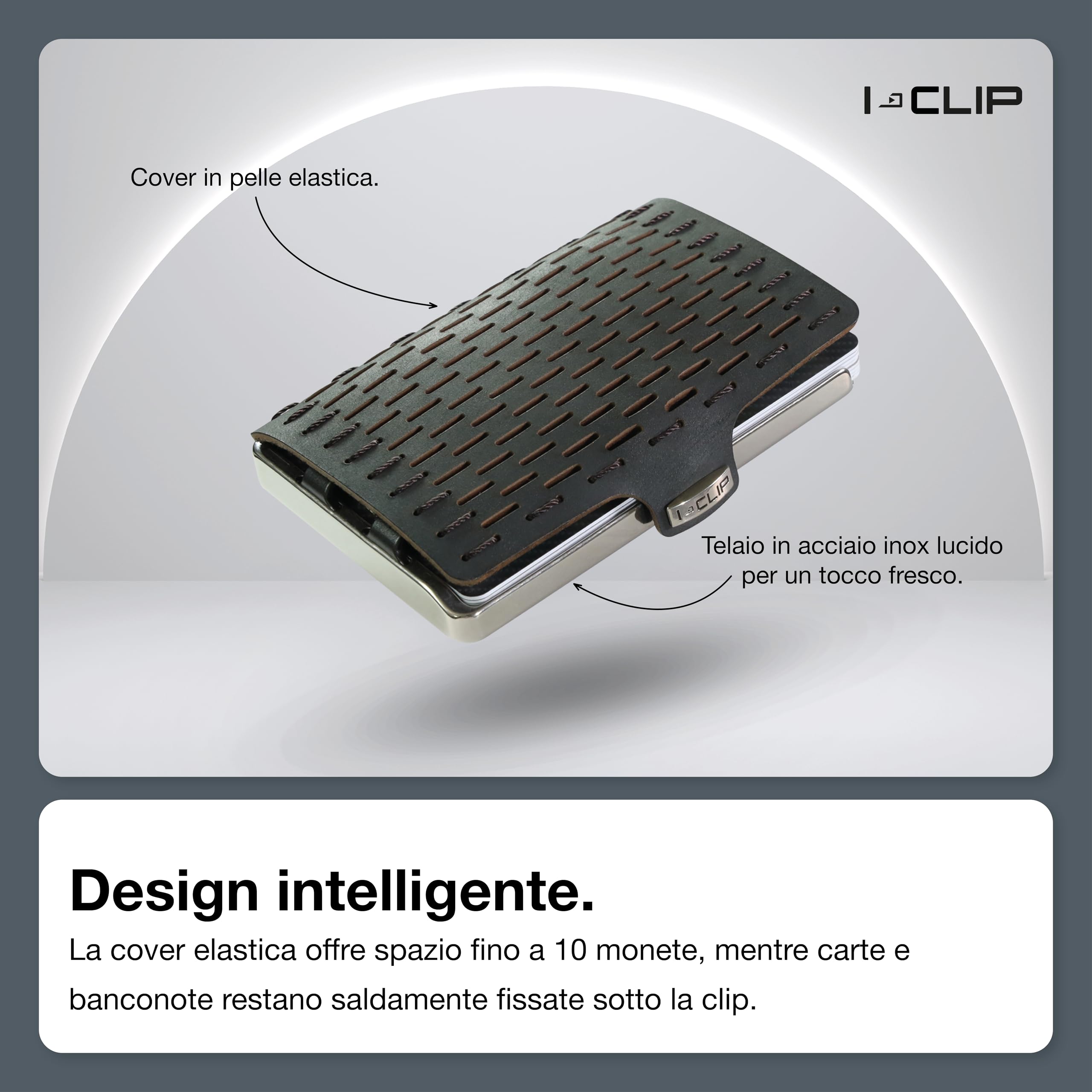 I-CLIP Steel Portafoglio Uomo Slim con Portamonete Banconote, Mini Wallet fino a 10 Carte, Pelle Nero, Telaio Acciaio Lucidato