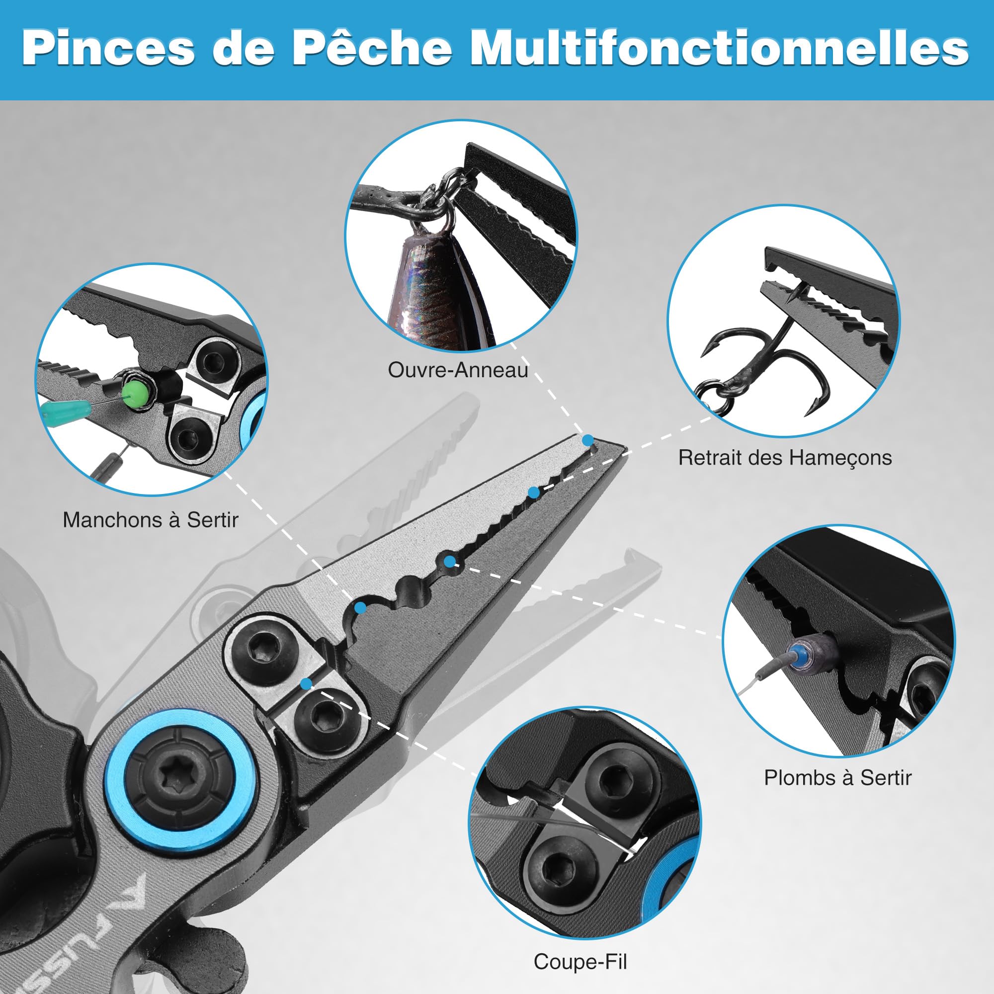 FLISSA Pince de Pêche Multifonction Mini, Accessoires de Pêche avec Lames en Acier, Retire-Hameçons Coupe-Ligne, Rétracteur, Ideal pour l'Extérieur