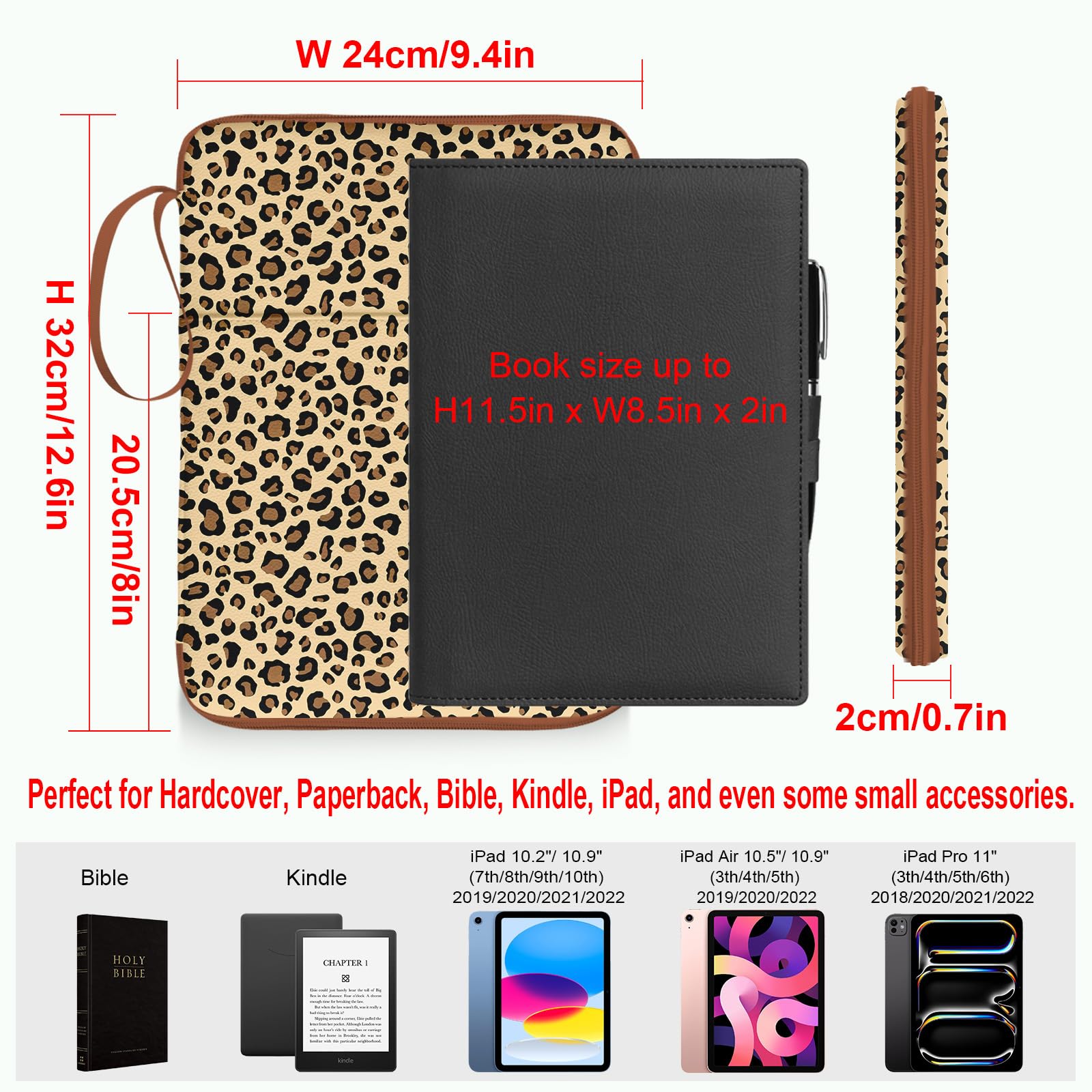 Custodia per libri leopardata con cerniera, custodia protettiva per libri in brossura, copertina rigida e libri biblici, borse con tasche e tracolla, custodia per libri per amanti dei libri, regali