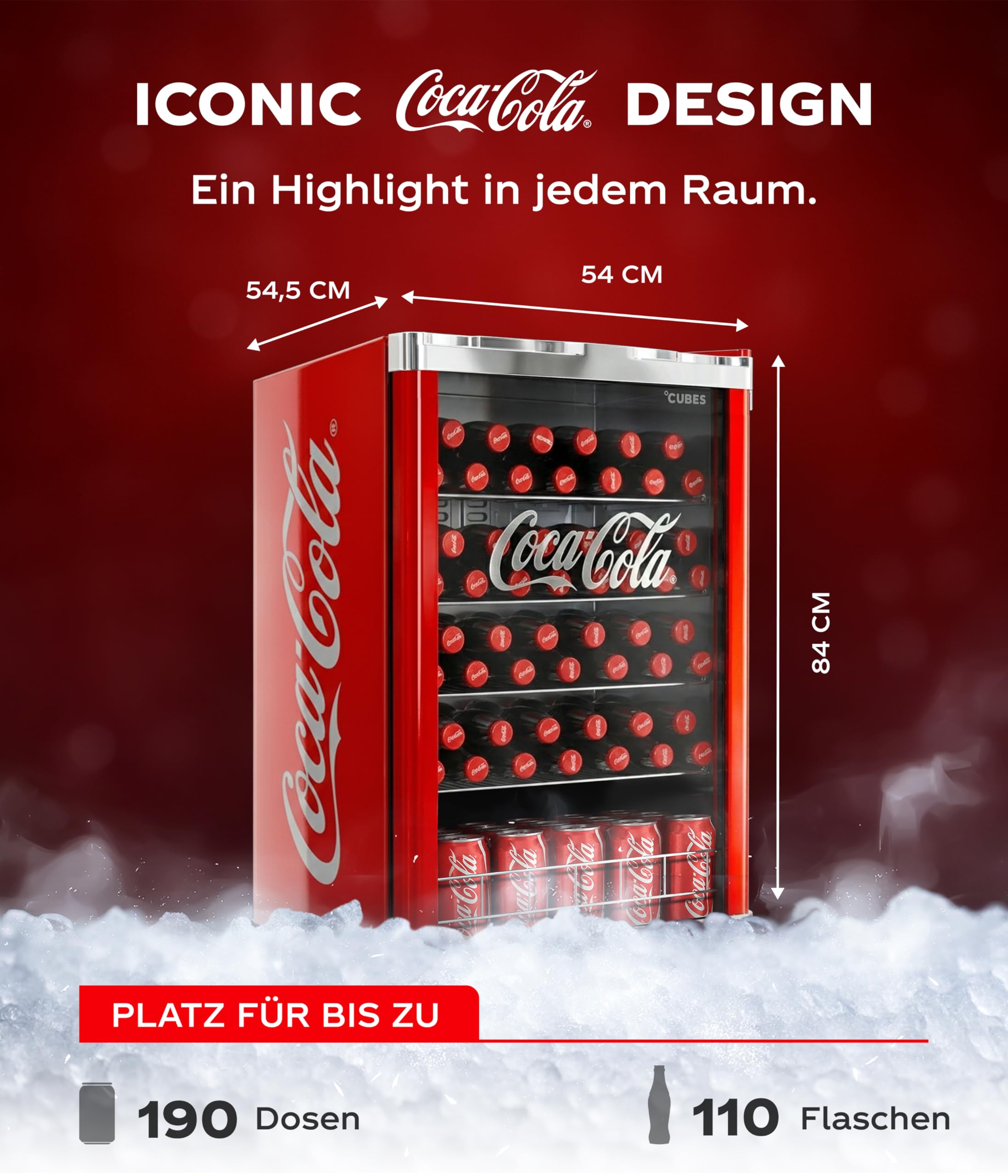 Coca Cola Kühlschrank 115L Getränkekühlschrank mit Glastür 84,5 cm hoch 104 kWh/Jahr