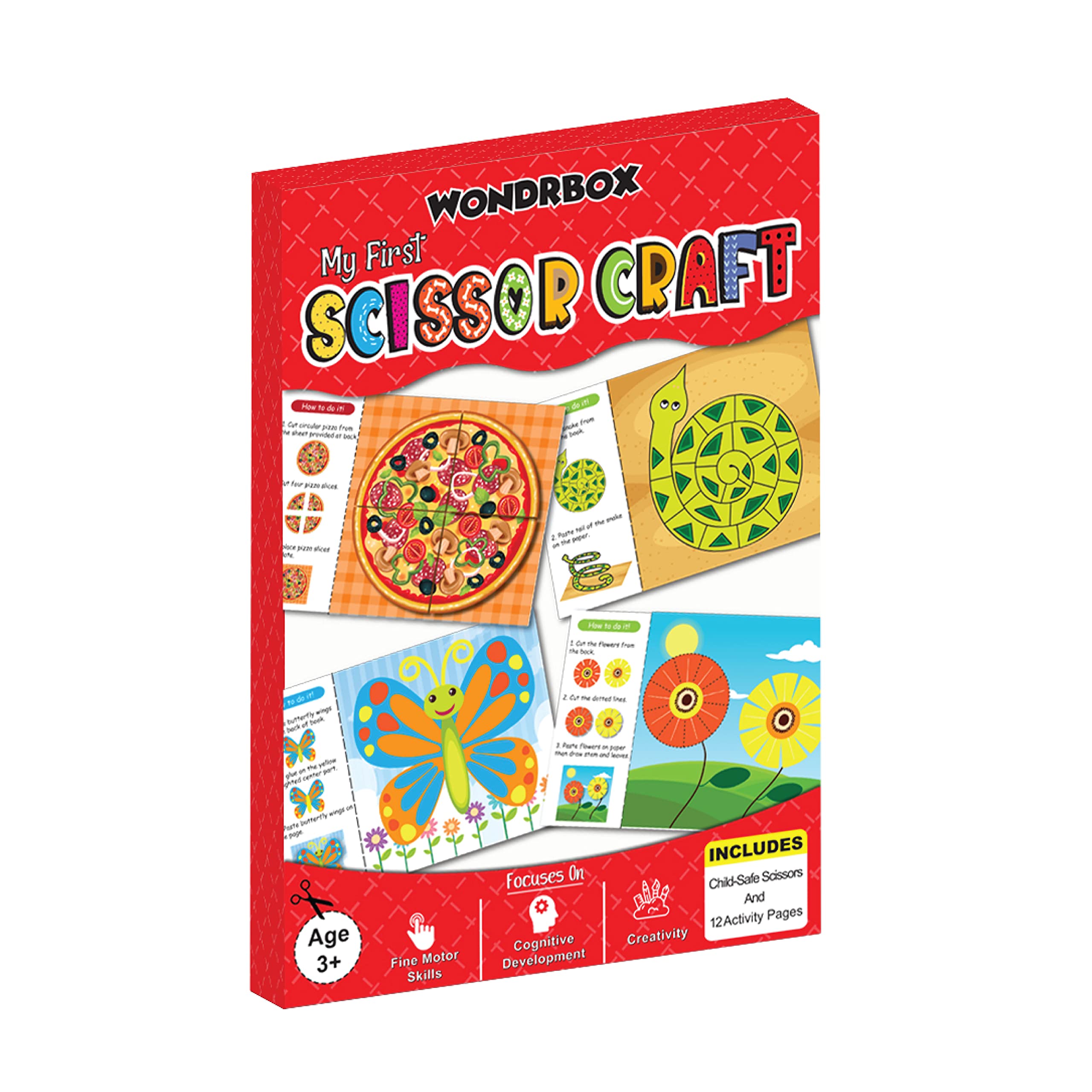 WONDRBOXScissor Craft Activity Kit for Girls and Boys Age 3 4 5 6 Girls and Boys | Each Pack Includes: 12 DIY 3D Paper Crafts, Child-Safe Scissor and Glue (Scissor-Craft), Multicolor