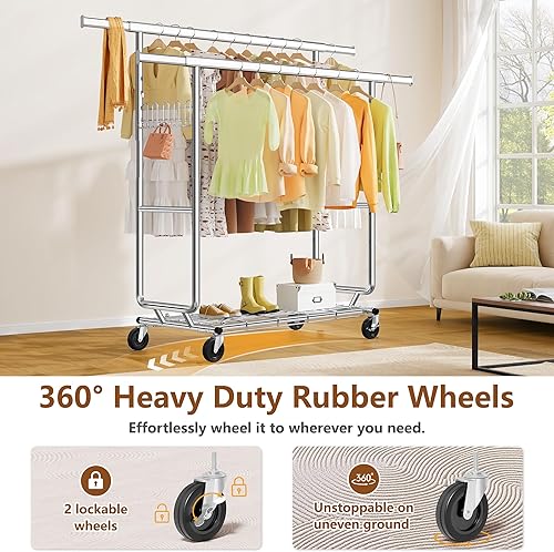 Miniatura 6 de Hoctieon Perchero para ropa de doble varilla, montaje en 2 minutos, estante resistente con ruedas, plegable para uso comercial, barra colgante