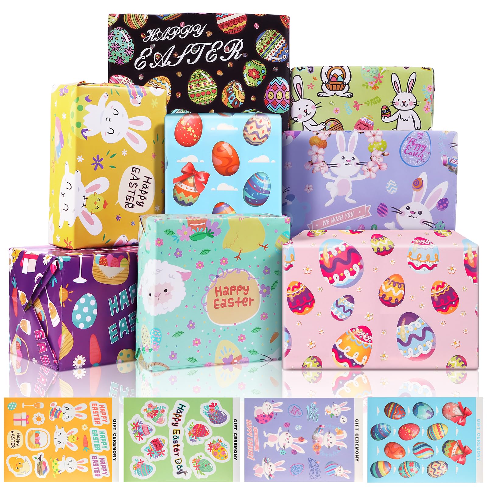 8 Sheets Easter Gift Wrapping Paper, Colourful Easter Wrapping Paper with 4 Sheet Stickers Lovely Rabbits Eggs and Happy Easter Pattern for Spring Holiday Easter Day Birthday Baby Shower Party 50x70cm