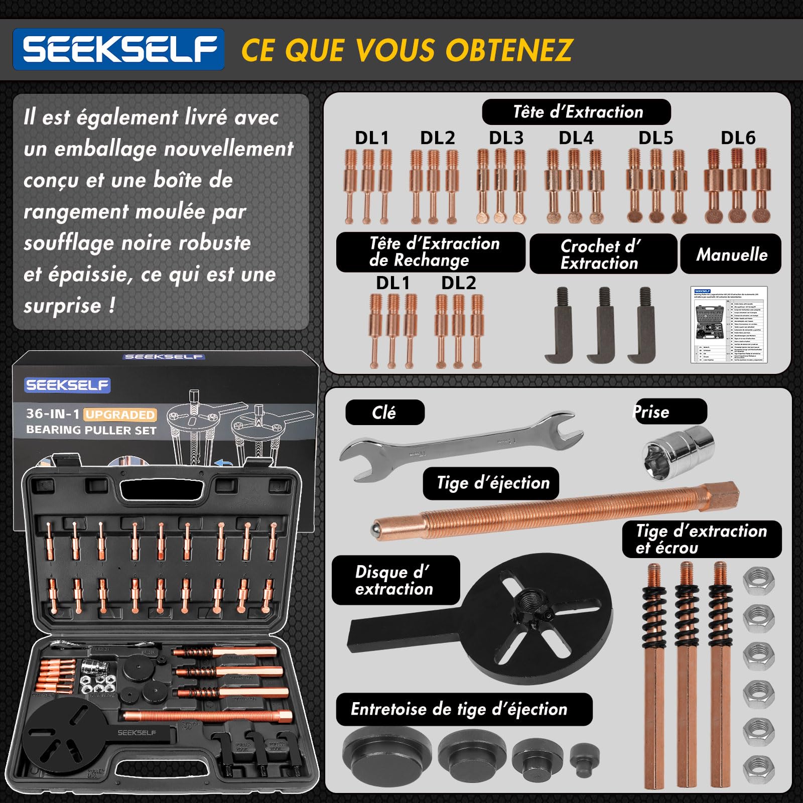Kit Extracteur de Roulement Interieur 36 en 1, Séparateur de Roulements Internes et Externes, Engrenage Outil de Démontage et d'Extraction