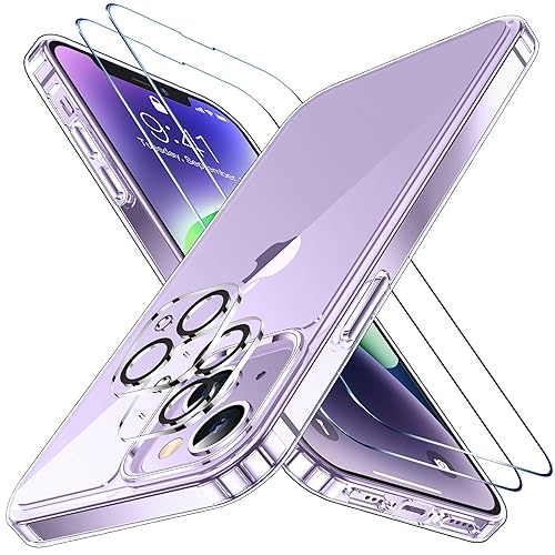 SPIDERCASE for iPhone 14 /iPhone 15 Case, [15 FT Military Grade Drop Protection] [Crystal Clear] 2 Pack [Tempered Glass Screen Protectors+Camera Lens Protectors] [Not Yellowing] Slim , Clear - Clear